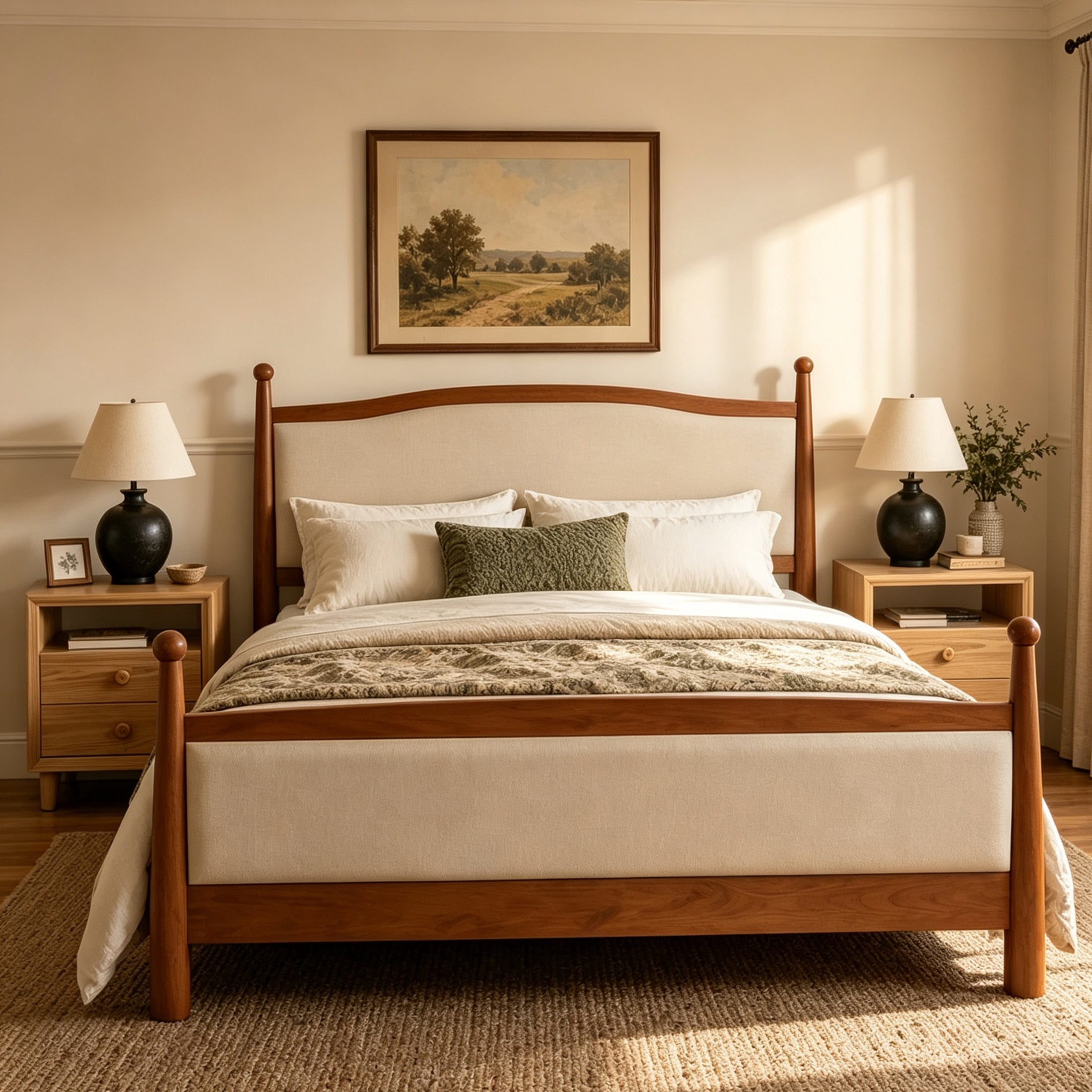 Christopher Knight Home Queen Bedroom Furniture Set with Upholstered Bed and 2 Nightstands, Cherry+Natural