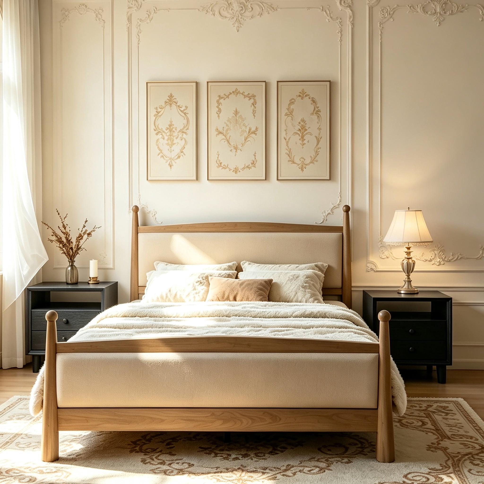 Christopher Knight Home Queen Bedroom Furniture Set with Upholstered Bed and 2 Nightstands, Natural+Black