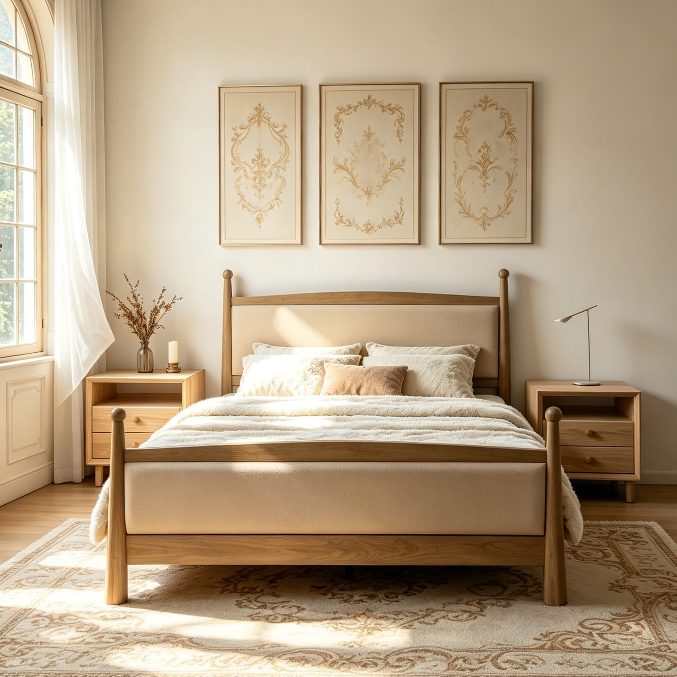 Christopher Knight Home Queen Bedroom Furniture Set with Upholstered Bed and 2 Nightstands, Natural