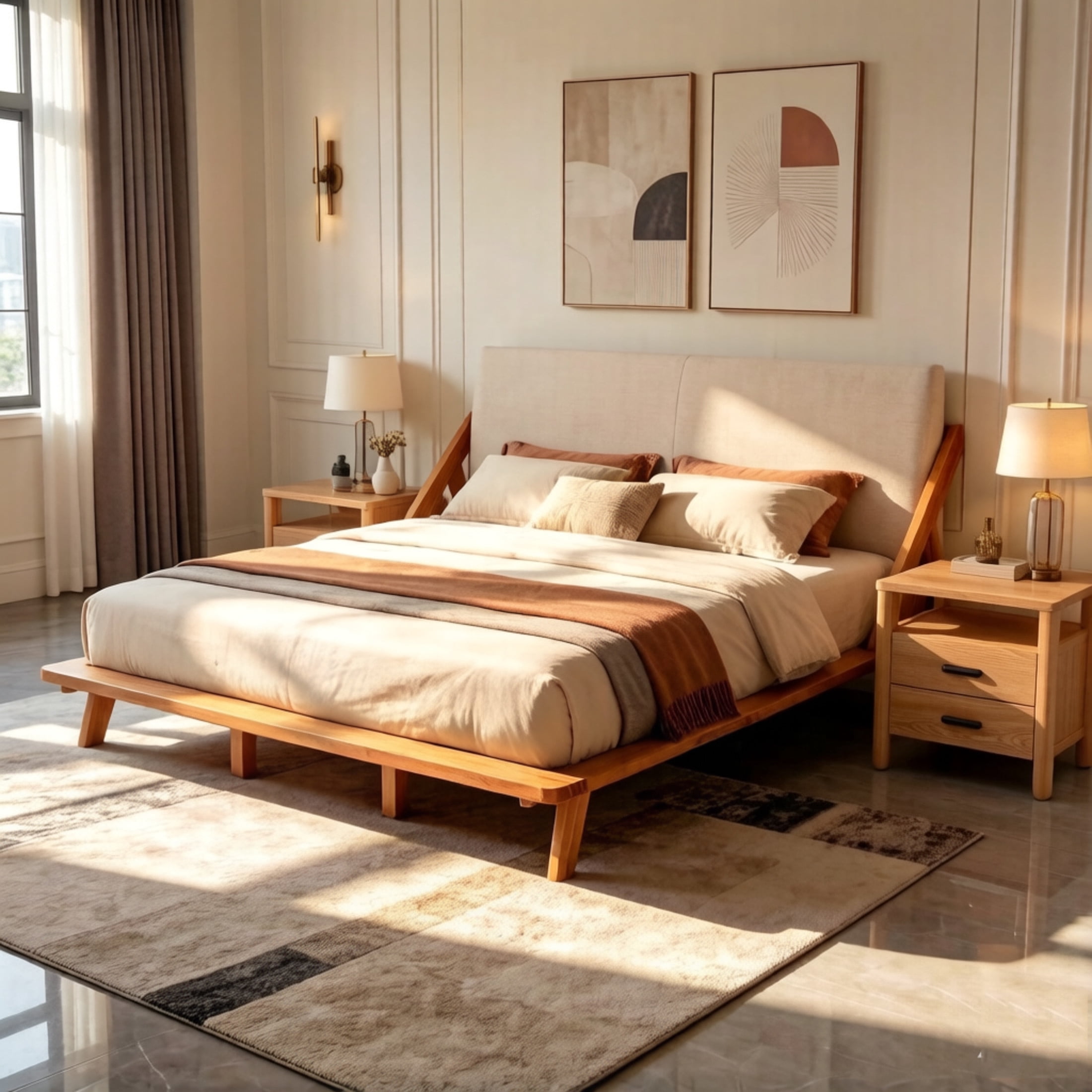 Christopher Knight Home Queen Bedroom Set, Beige Upholstered Platform Bed with 2 Natural Nightstands