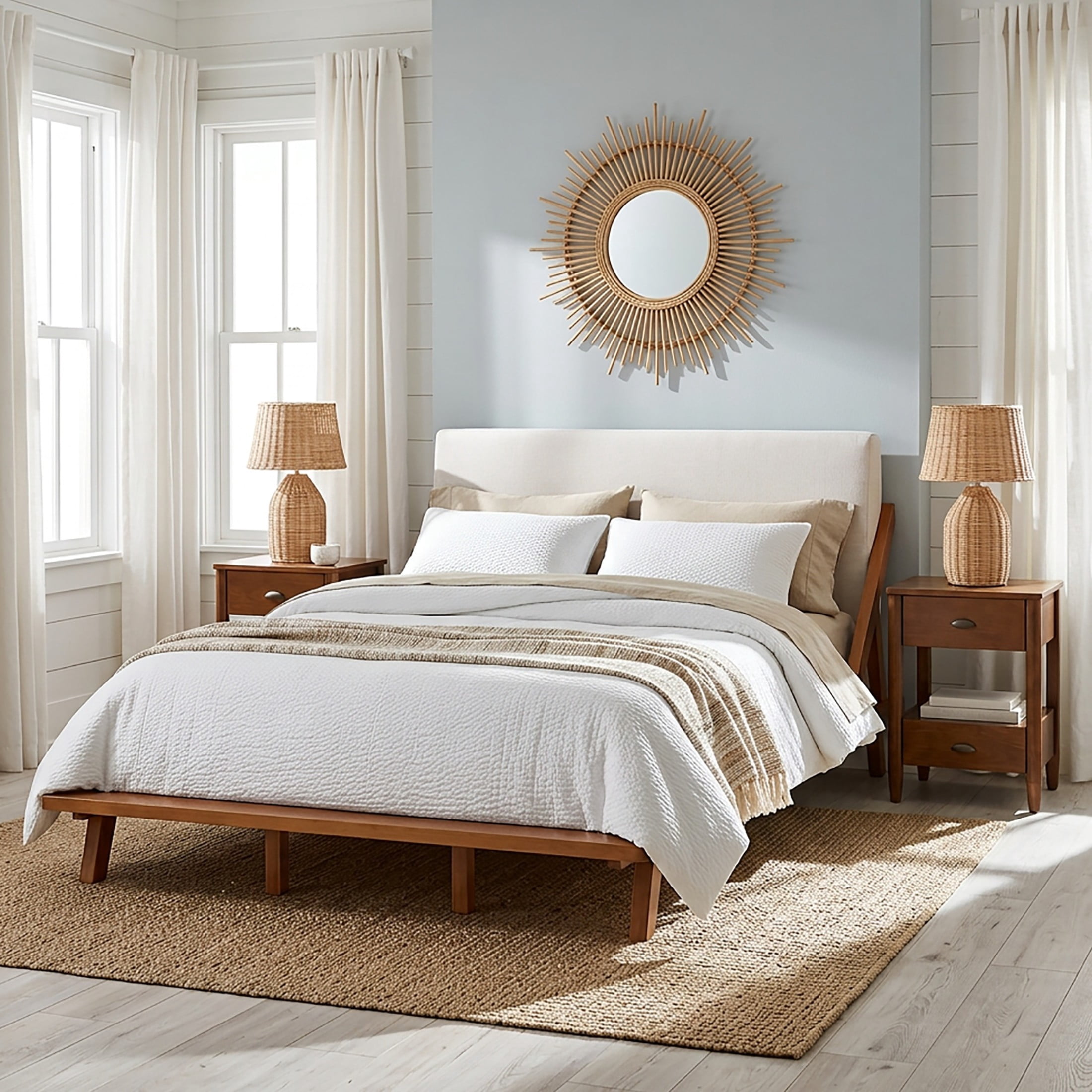 Christopher Knight Home Queen Bedroom Set, Beige Upholstered Wood Bed with 2 Nightstands, Natural+Walnut