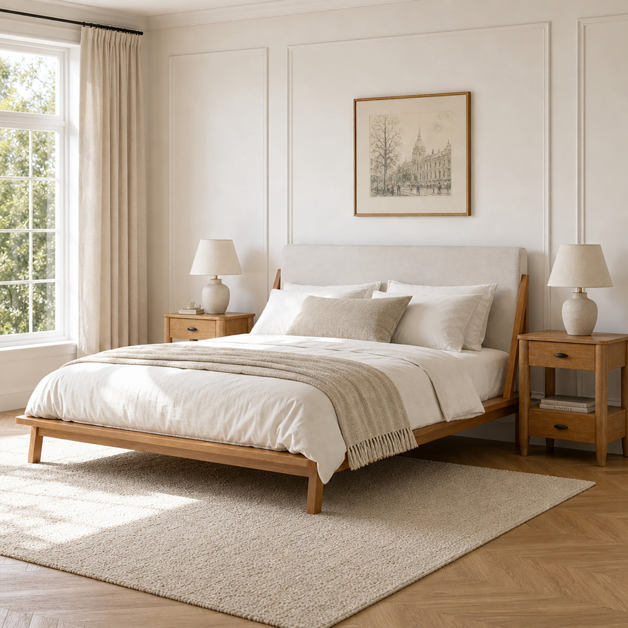 Christopher Knight Home Queen Bedroom Set, Beige Upholstered Wood Bed with 2 Nightstands, Natural