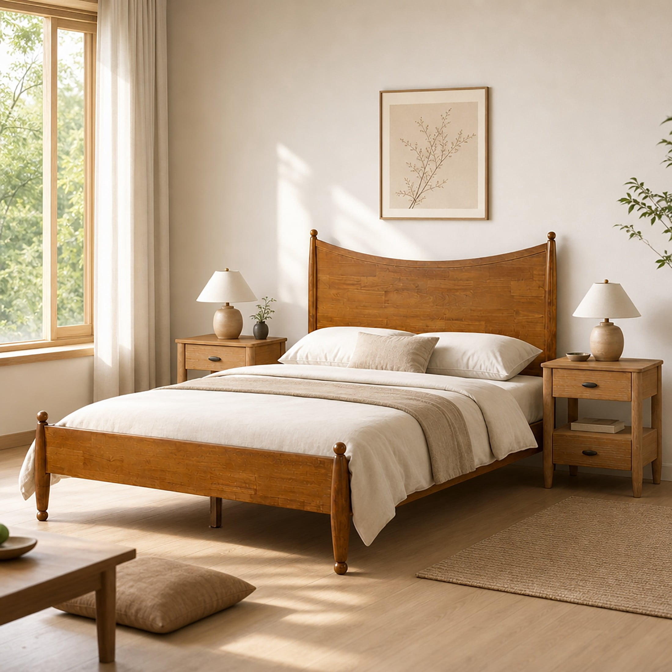 Christopher Knight Home Queen Bedroom Set, Wood Bed with Curved Headboard and 2 Nightstands, Brown+Natural