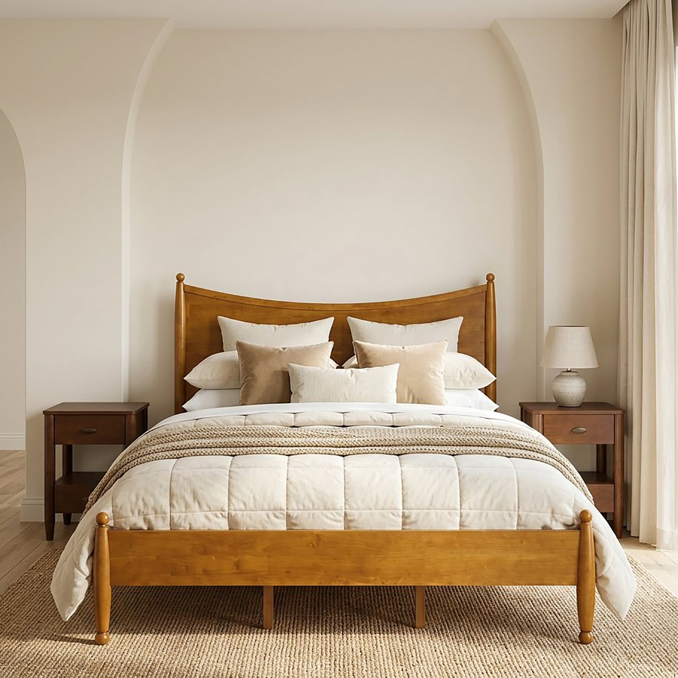 Christopher Knight Home Queen Bedroom Set, Wood Bed with Curved Headboard and 2 Nightstands, Brown+Walnut