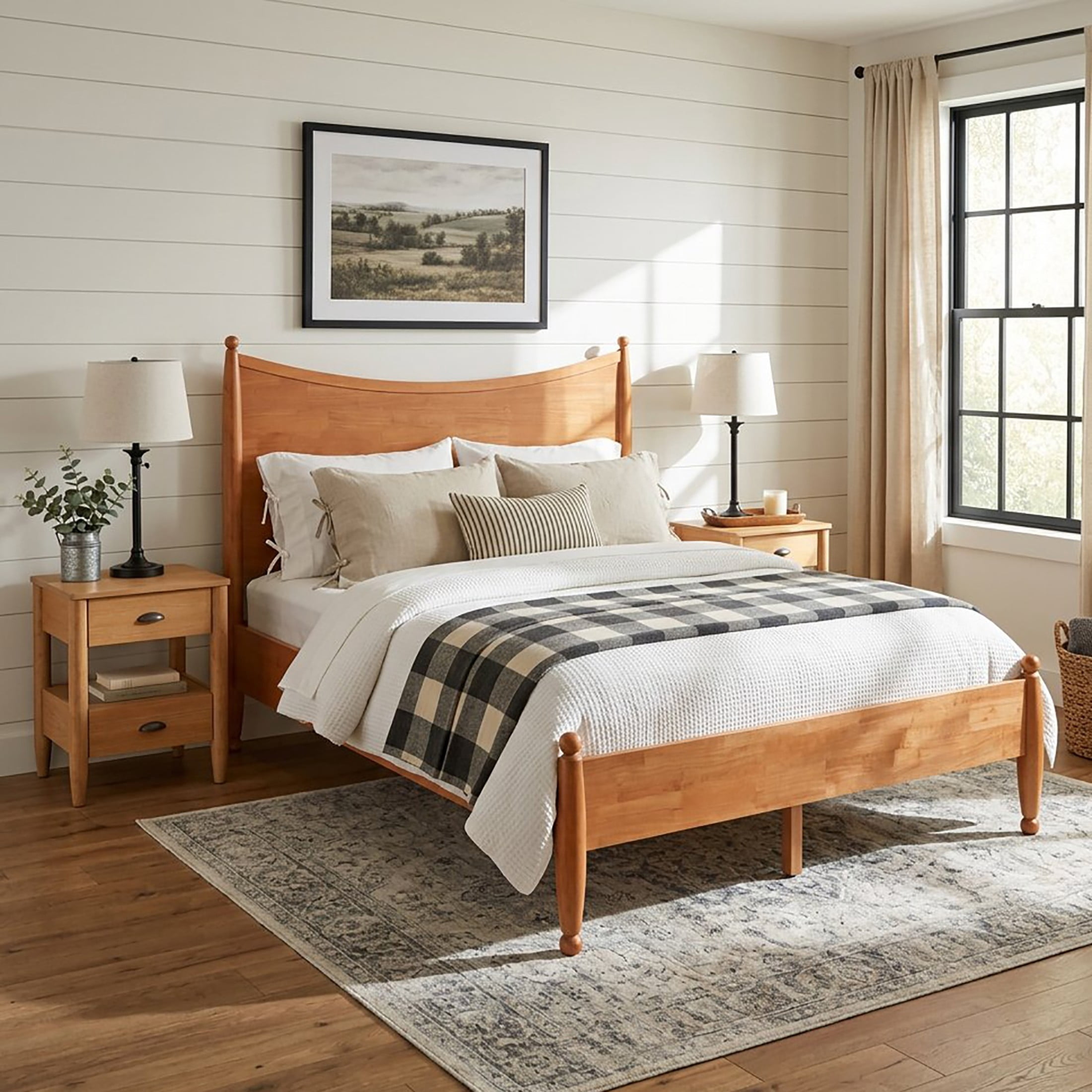 Christopher Knight Home Queen Bedroom Set, Wood Bed with Curved Headboard and 2 Nightstands, Honey Oak+Natural