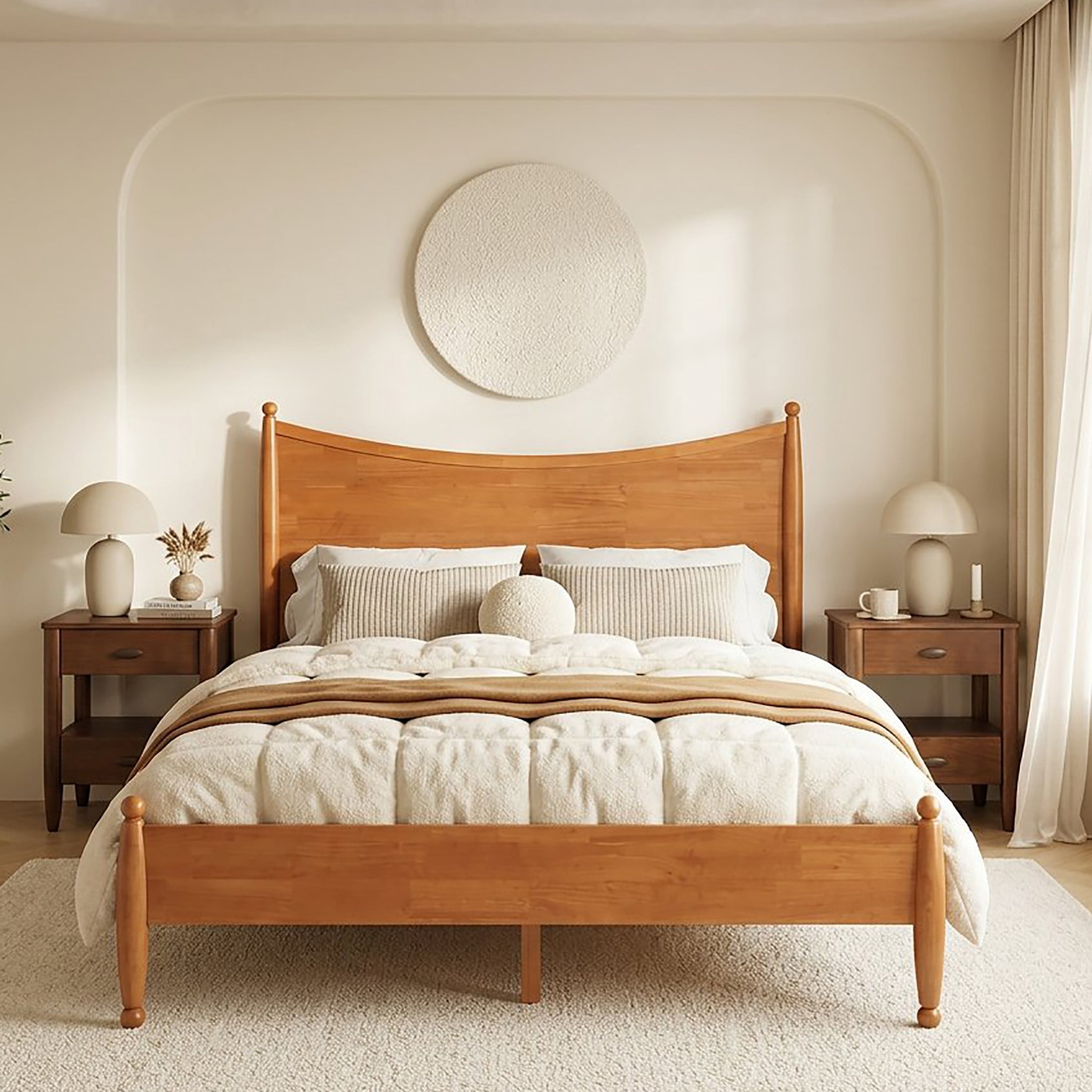 Christopher Knight Home Queen Bedroom Set, Wood Bed with Curved Headboard and 2 Nightstands, Honey Oak+Walnut