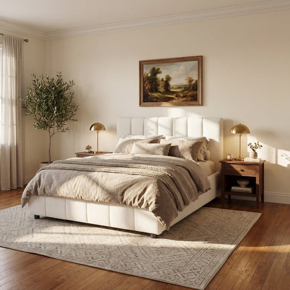 Christopher Knight Home Queen Boucle Upholstered Bed Frame with Vertical Tufted Thick Headboard, Off White