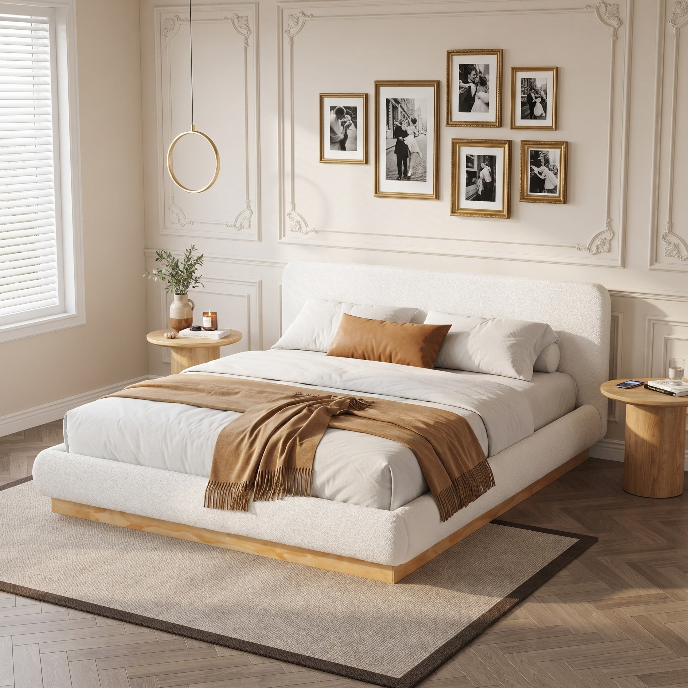 Christopher Knight Home Queen Boucle Upholstered Platform Bed Frame with Headboard, Natural+White