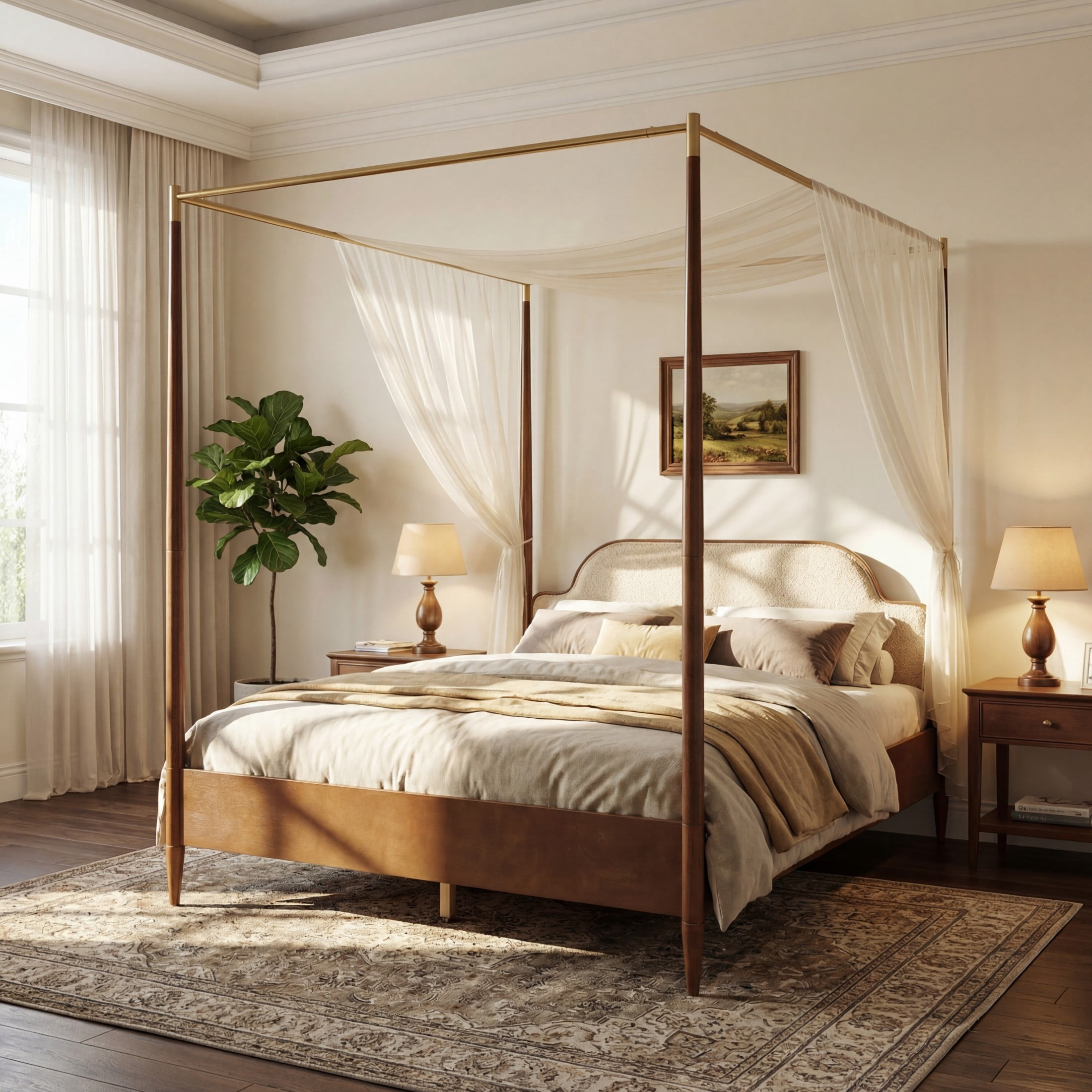 Christopher Knight Home Queen Canopy Bed Frame with Fleece Upholstered, Wood Frame, Brown+Off White