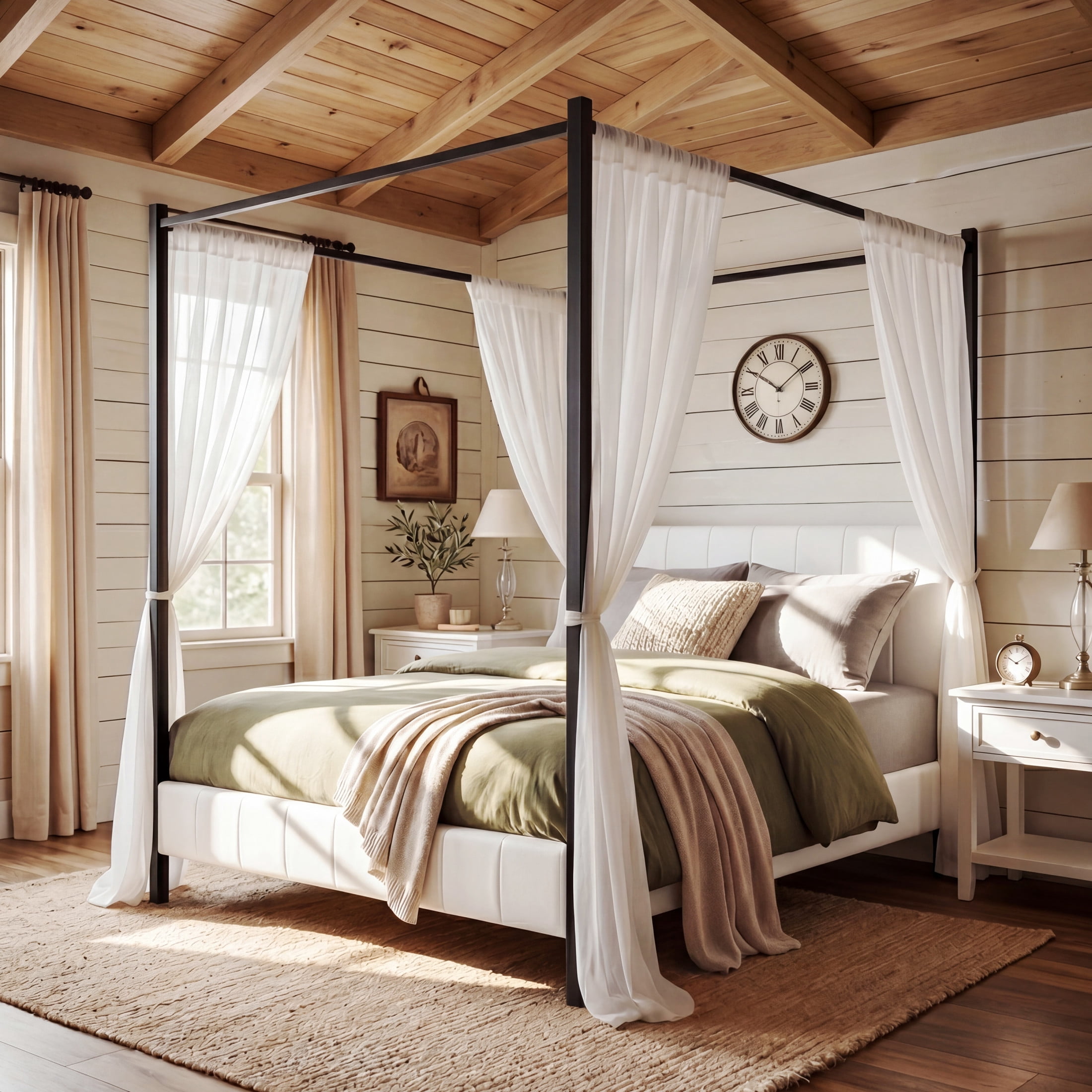 Christopher Knight Home Queen Canopy Bed, Metal Frame with Upholstered Headboard & Footboard, White+Black