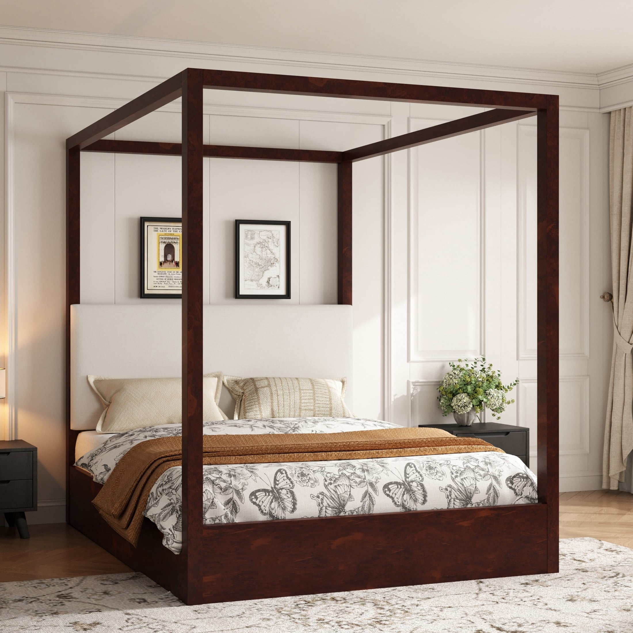Christopher Knight Home Queen Canopy Platform Bed, Upholstered Headboard, Solid Wood Frame, Espresso