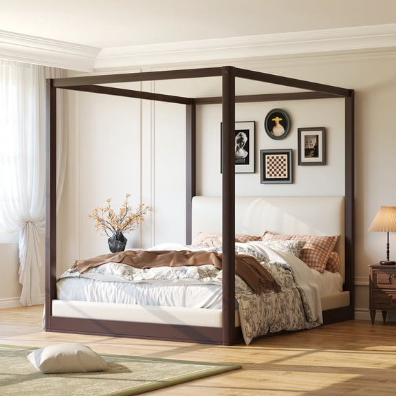 Christopher Knight Home Queen Canopy Platform Bed, Wood Frame with White Upholstered Headboard, Espresso