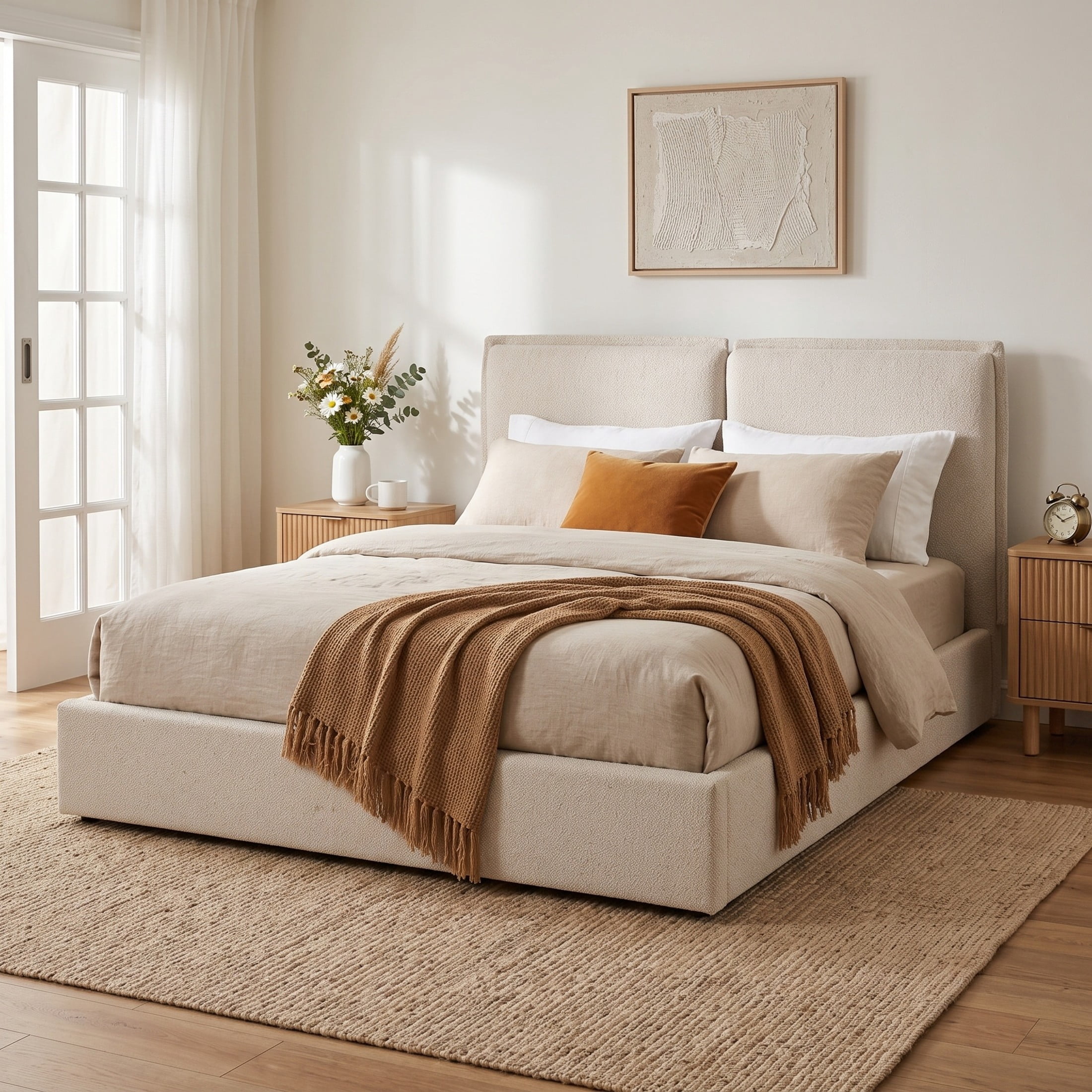Christopher Knight Home Queen Double Pillow Bed Frame, Boucle Headboard Platform Bed, Beige