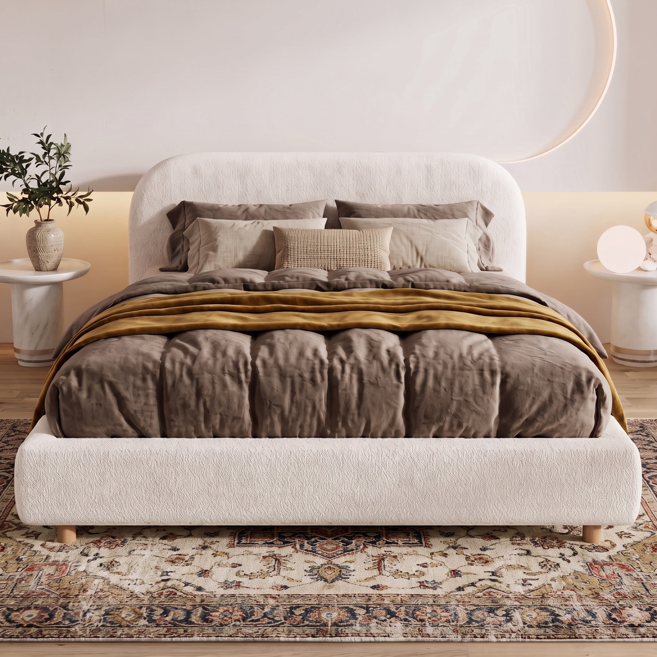 Christopher Knight Home Queen Hydraulic Lift Platform Storage Bed, Upholstered Curved Headboard, Cream White