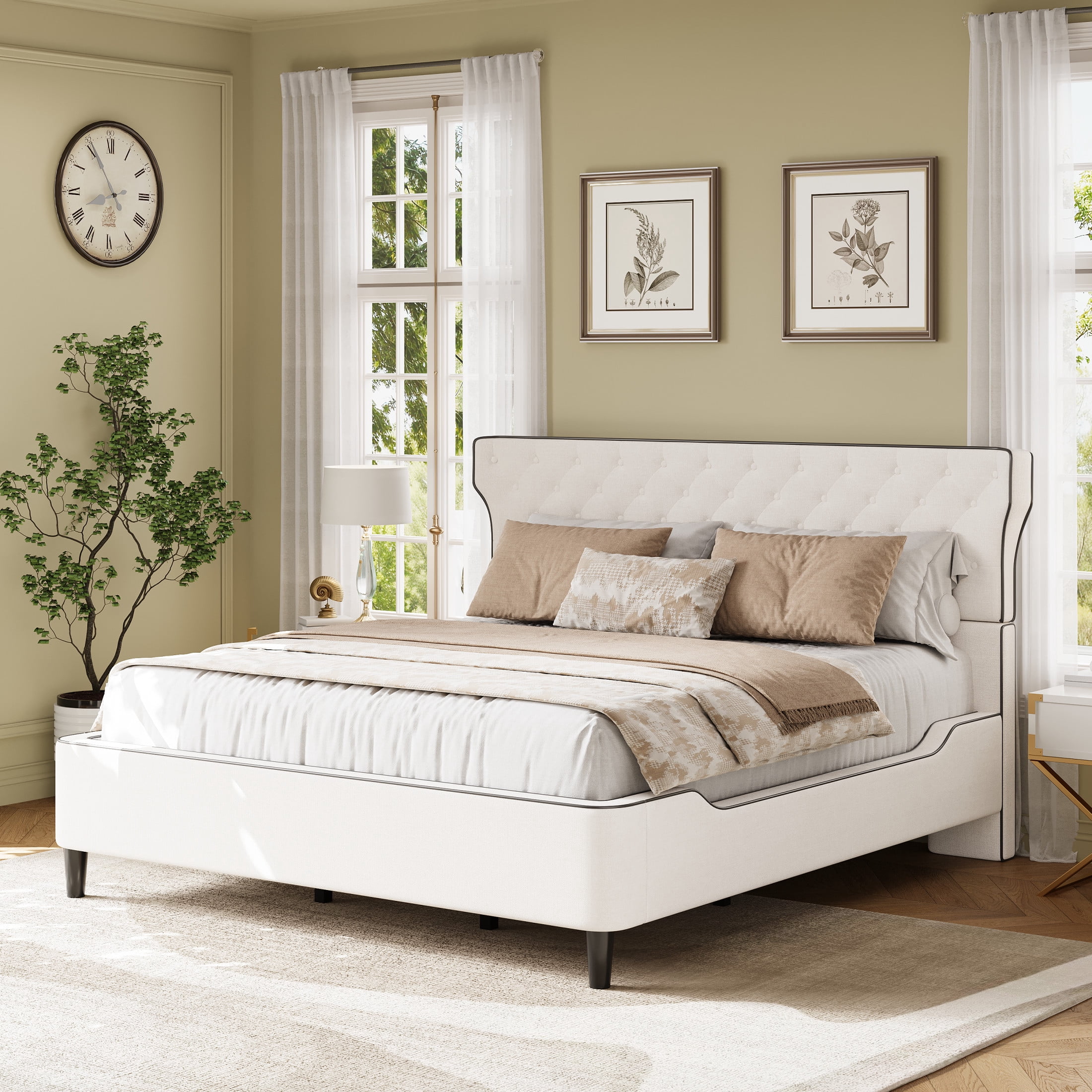 Christopher Knight Home Queen Linen Upholstered Platform Bed, Curved Back Headboard with Button Tufted, Beige