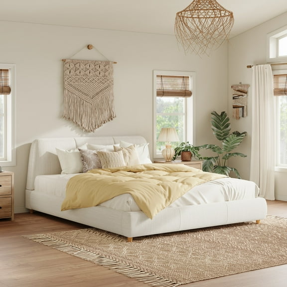 Christopher Knight Home Queen Linen Upholstered Platform Bed Frame with Headboard, Solid Wood Legs, White