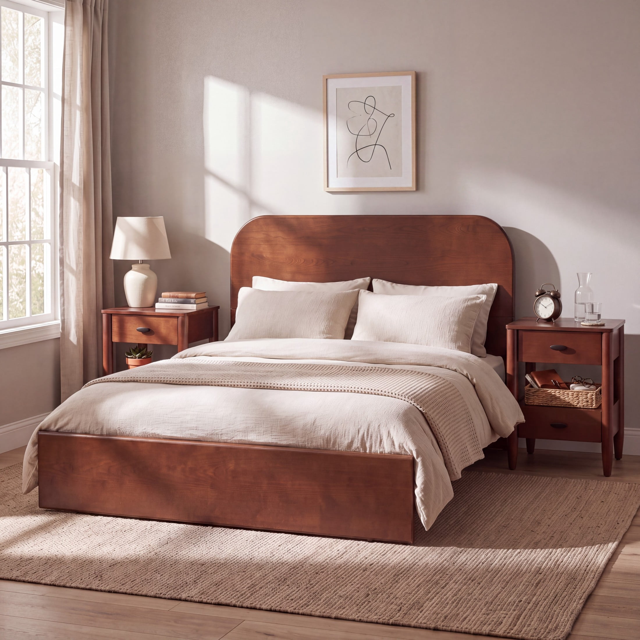 Christopher Knight Home Queen Modern Platform Bed, Rounded Headboard, Low Profile Wood Frame, Walnut