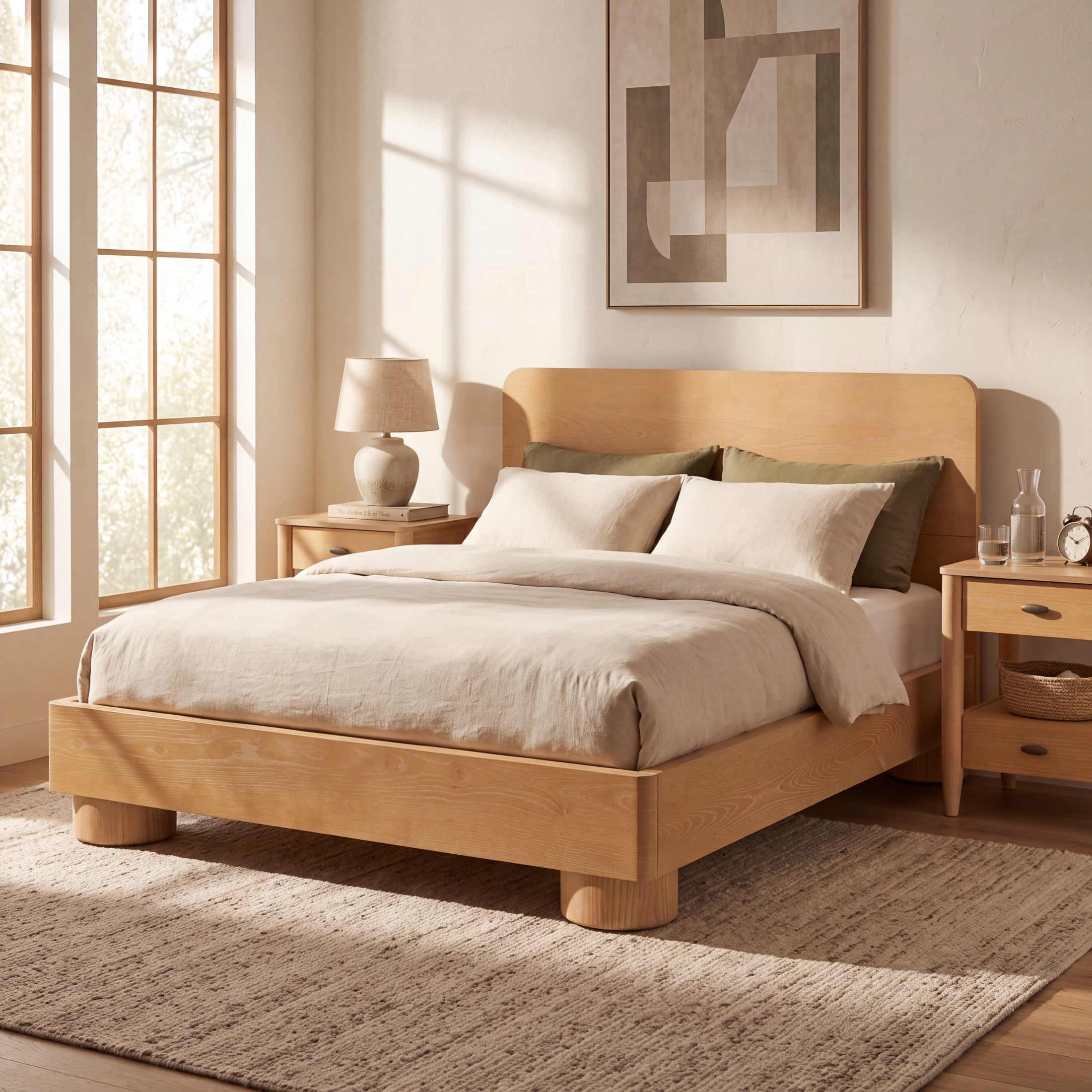 Christopher Knight Home Queen Modern Platform Bed with Rounded Headboard, Wood Frame, Natural Finish