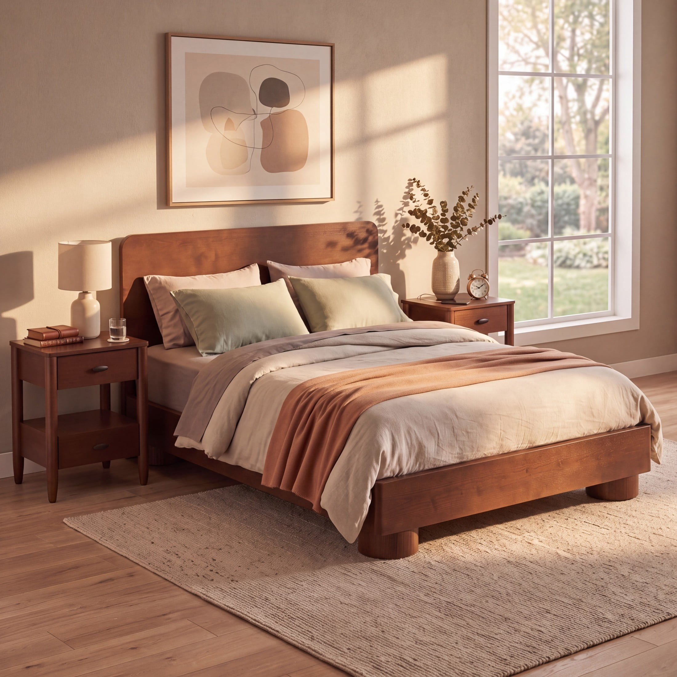 Christopher Knight Home Queen Modern Platform Bed with Rounded Headboard, Wood Frame, Walnut Finish