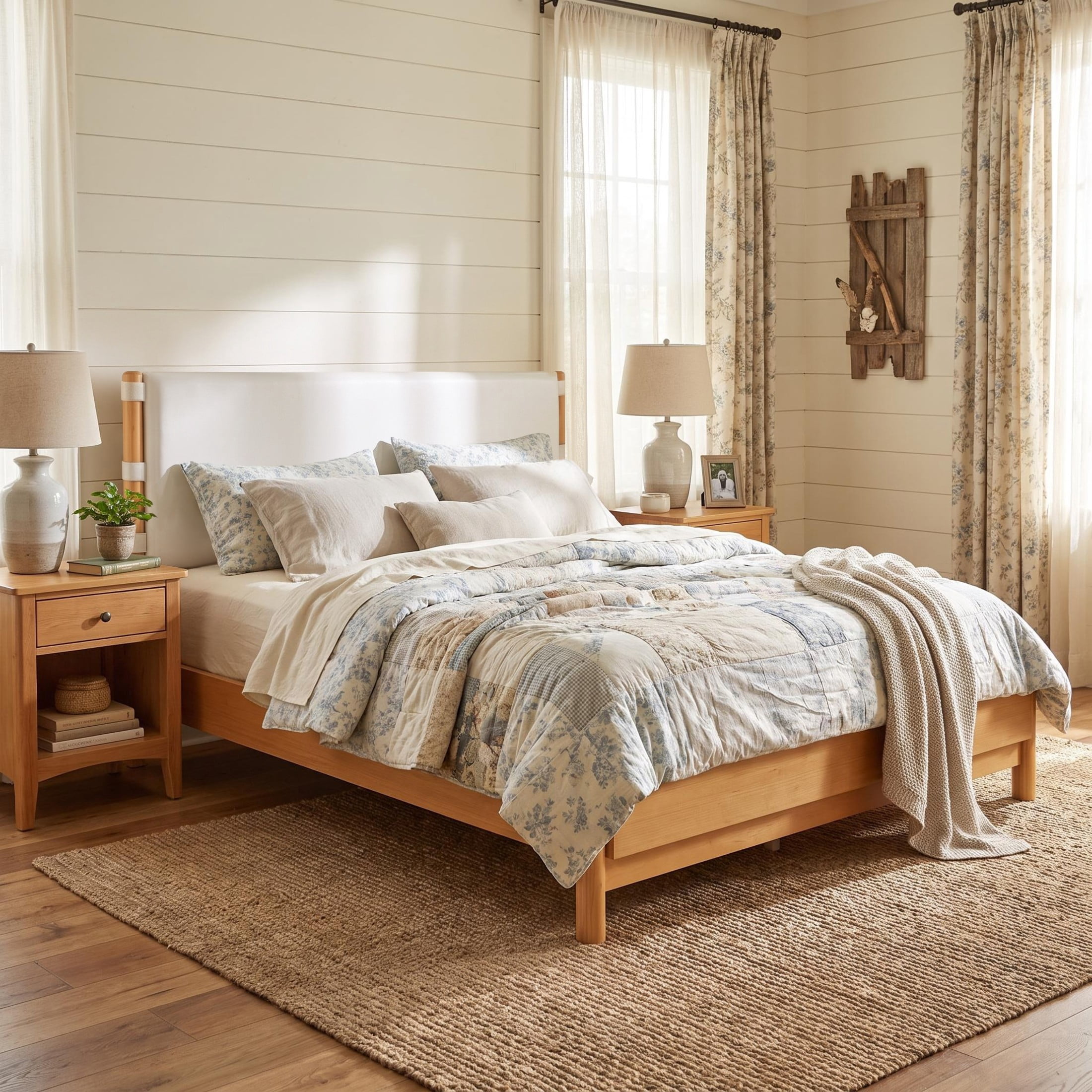 Christopher Knight Home Queen Modern Wood Platform Bed with PU Upholstered Headboard, Oak+Beige