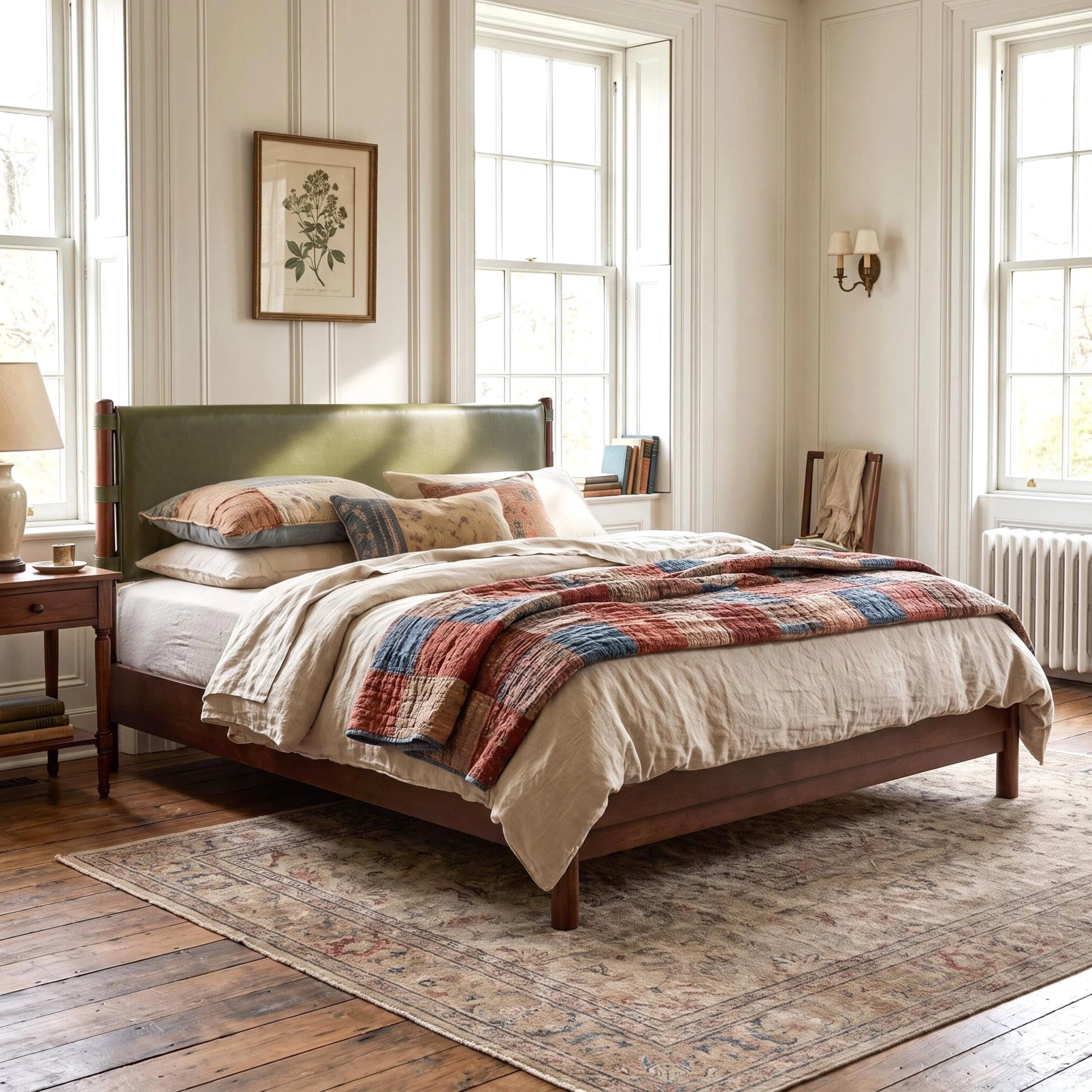 Christopher Knight Home Queen Modern Wood Platform Bed with PU Upholstered Headboard, Walnut+Olive