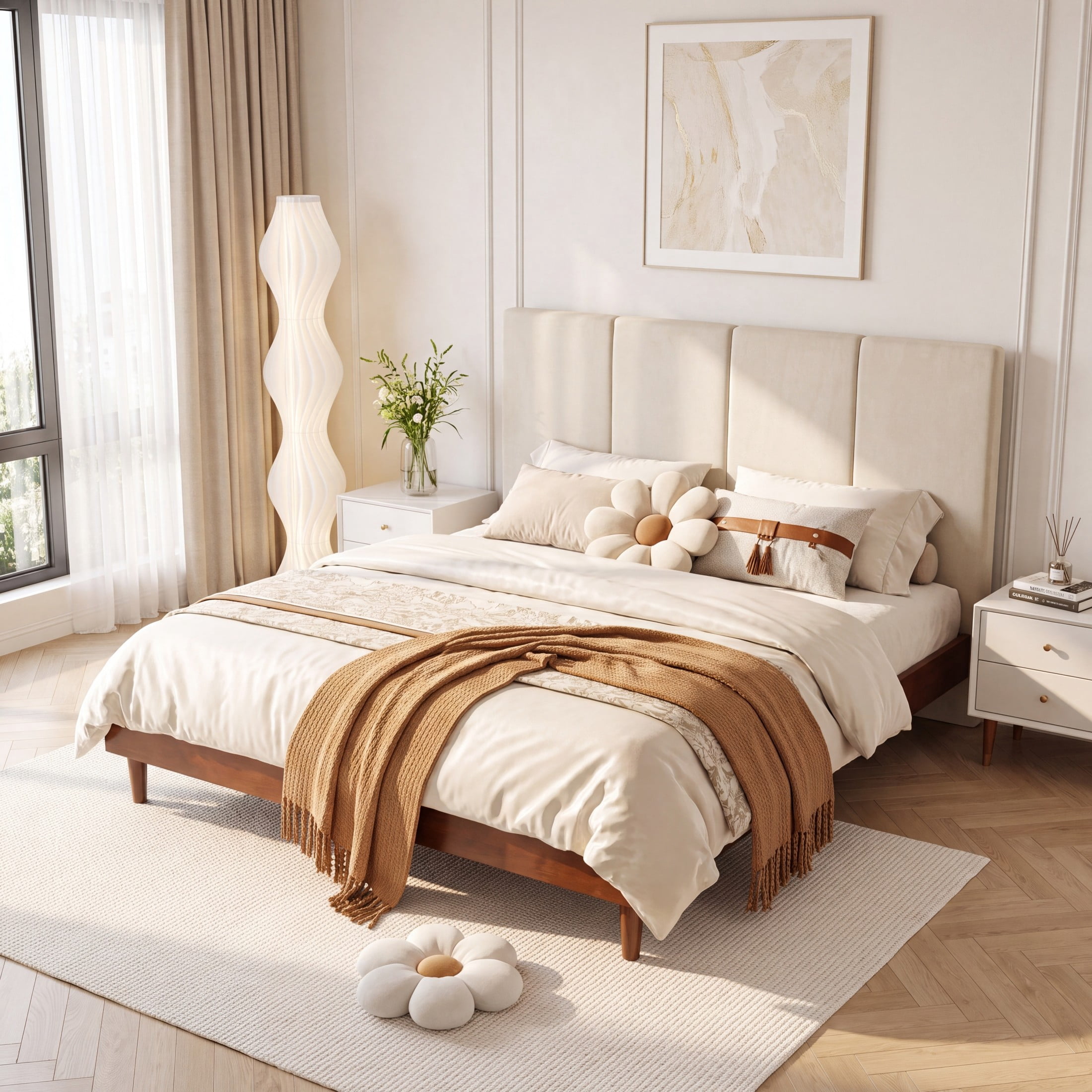 Christopher Knight Home Queen Platform Bed Frame with Channel Upholstered Headboard, Walnut+Beige