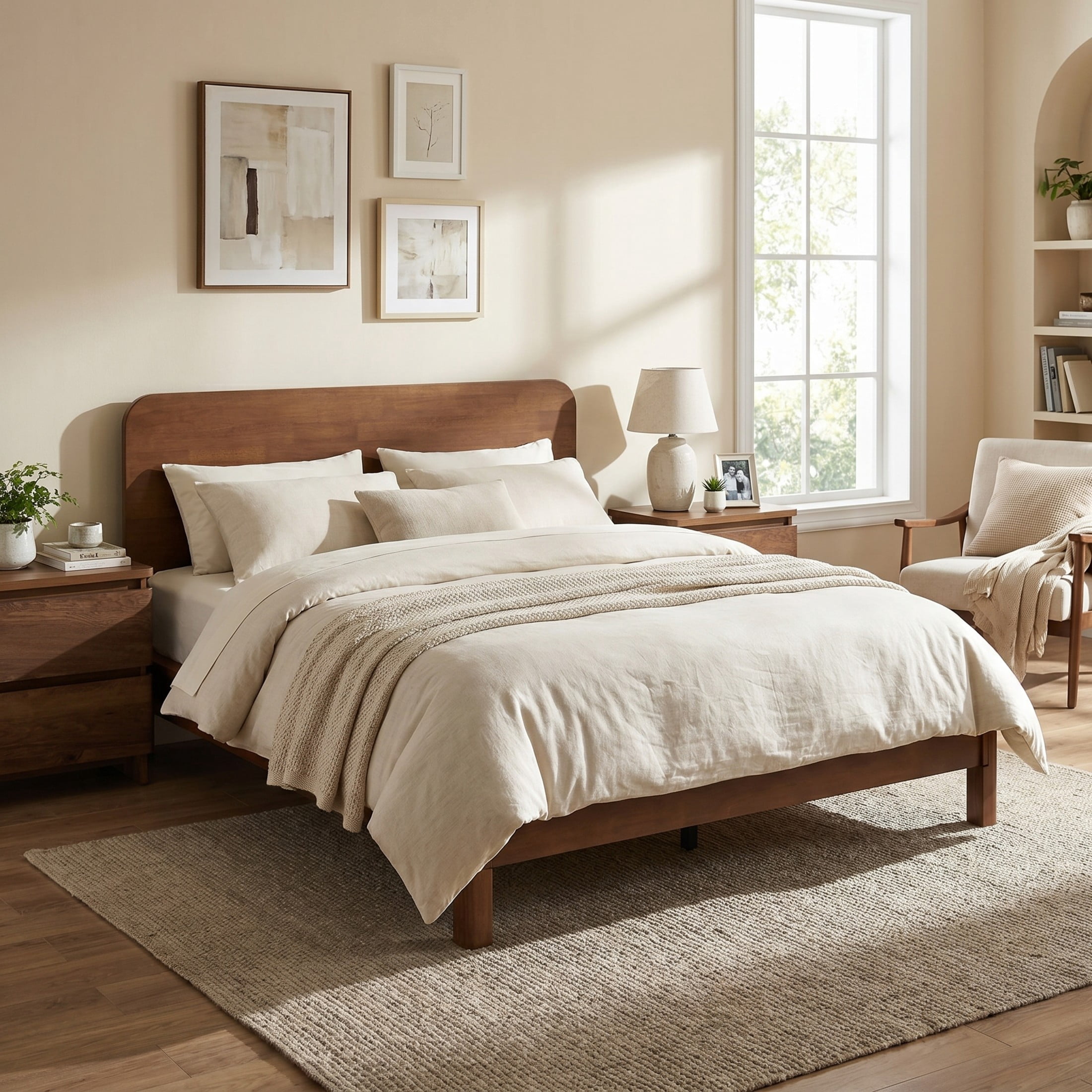 Christopher Knight Home Queen Platform Bed Frame with Curved Headboard, Walnut
