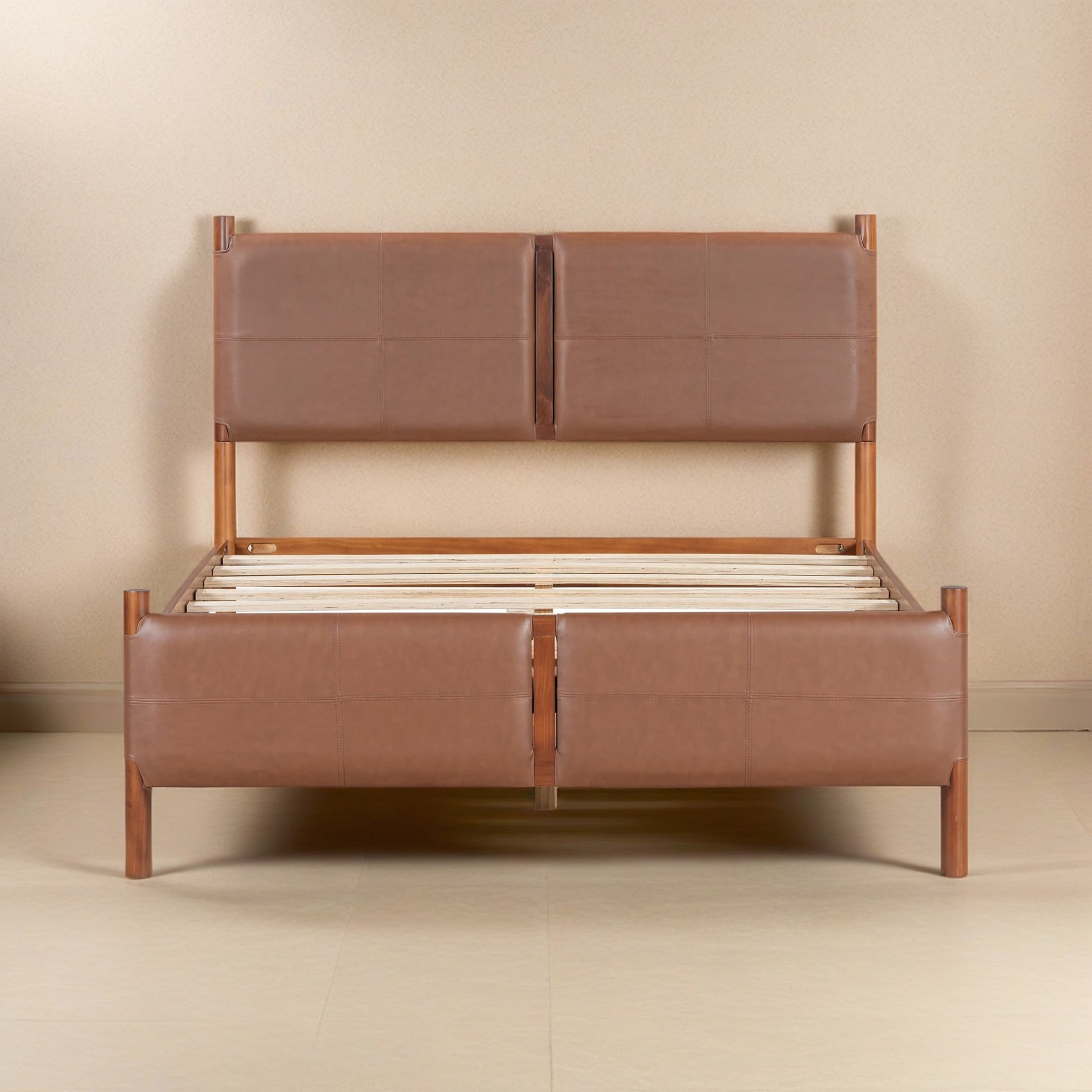 Christopher Knight Home Queen Platform Bed Frame with PU Upholstered Headboard, Solid Wood Frame, Brown