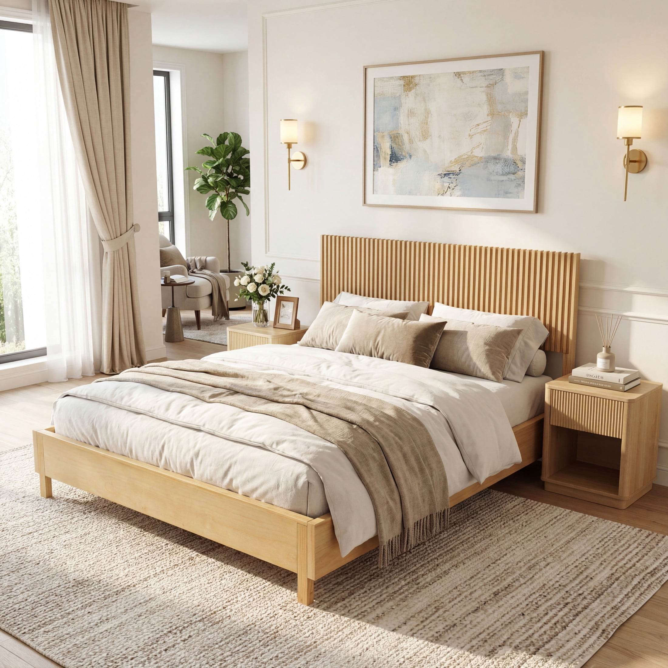 Christopher Knight Home Queen Platform Bed with Slat Headboard, No Box Spring Required, Natural