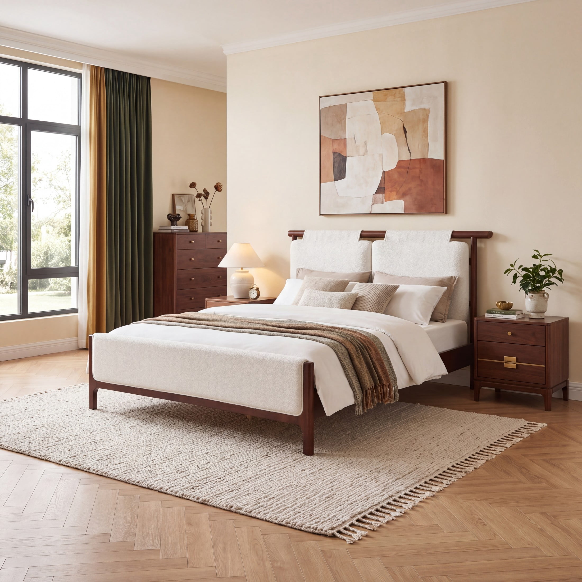 Christopher Knight Home Queen Platform Bed with White Upholstered, Wood Frame, Dark Walnut Finish