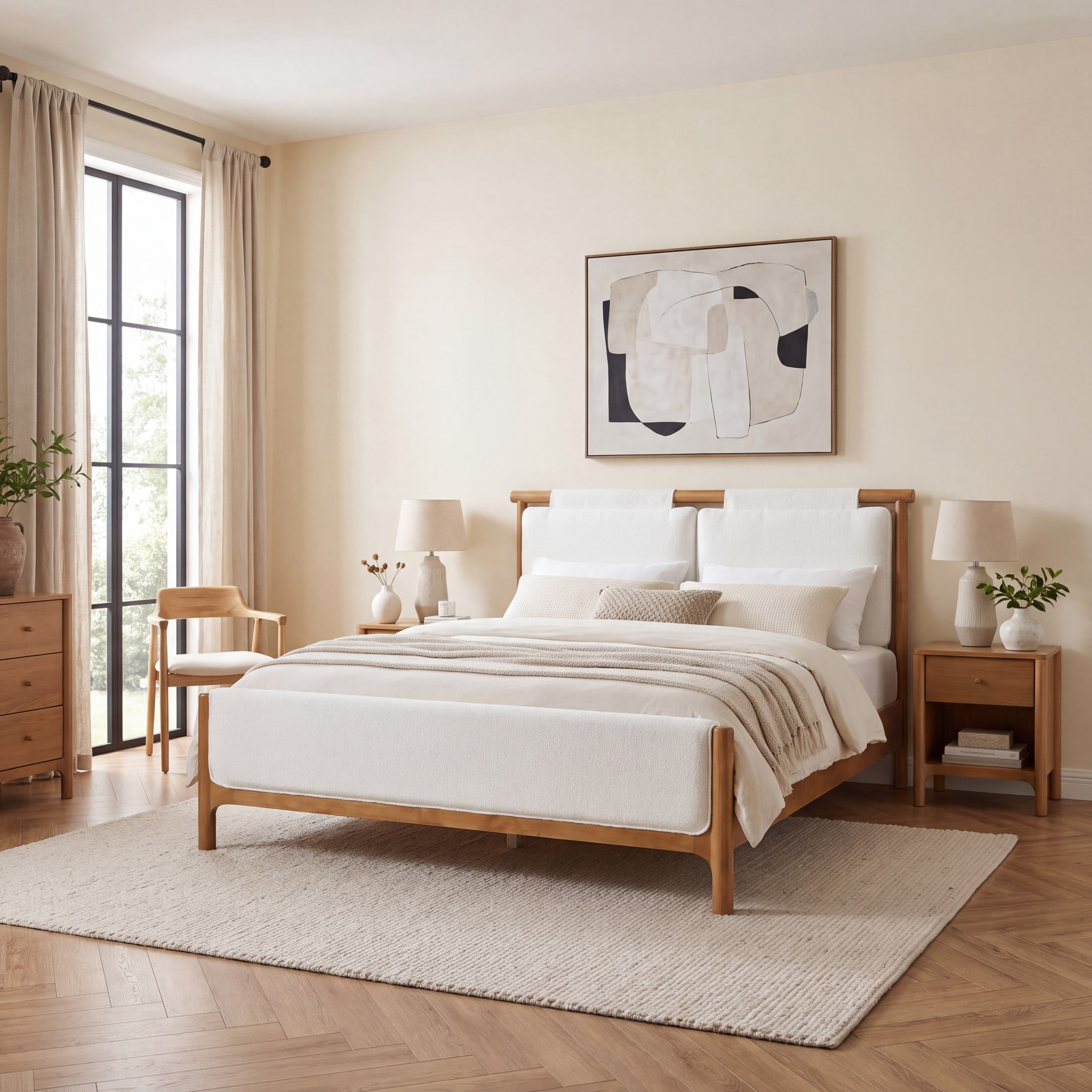 Christopher Knight Home Queen Platform Bed with White Upholstered, Wood Frame, Natural Finish