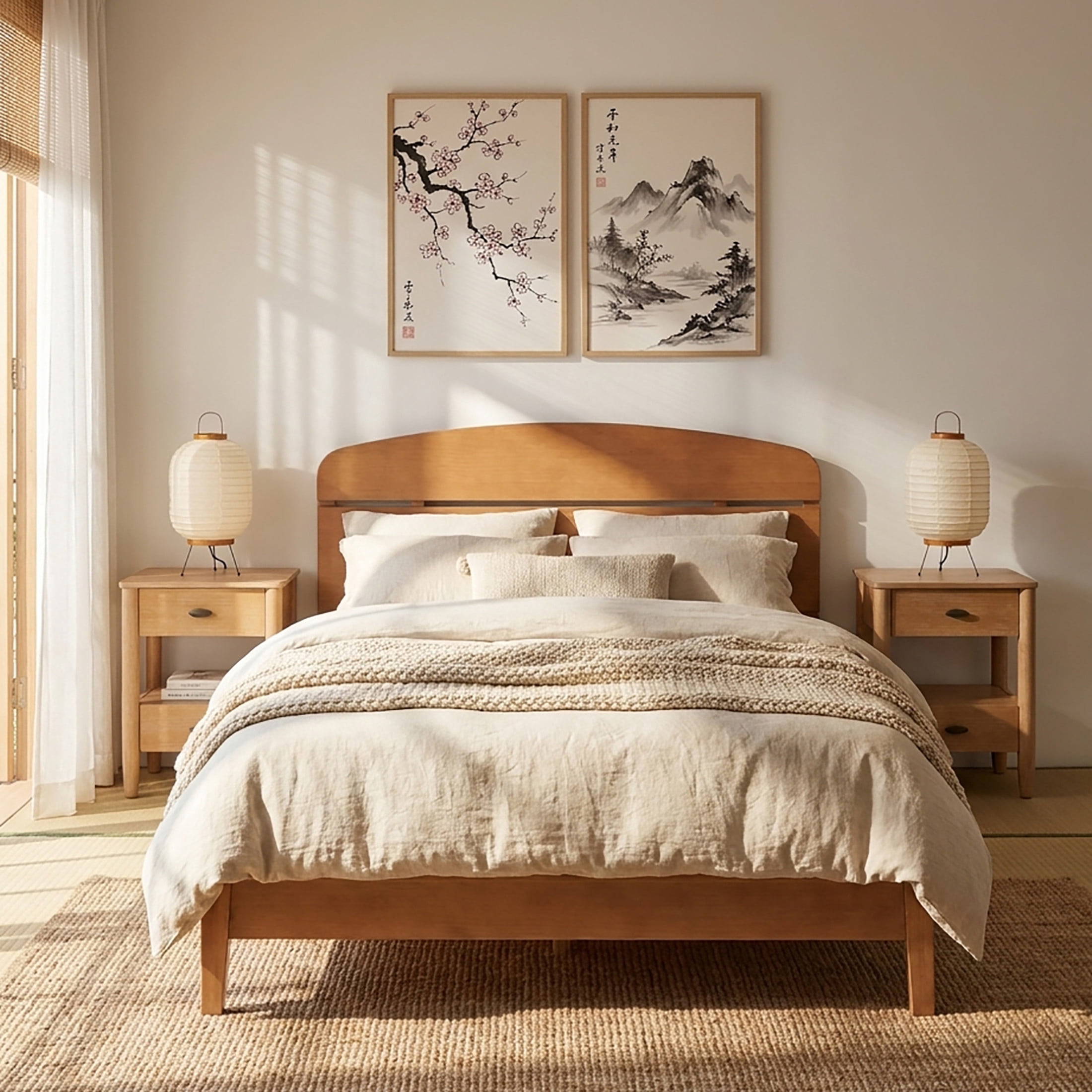 Christopher Knight Home Queen Platform Bedroom Set, Curved Headboard Bed with 2 Nightstands, Light Brown+Natural