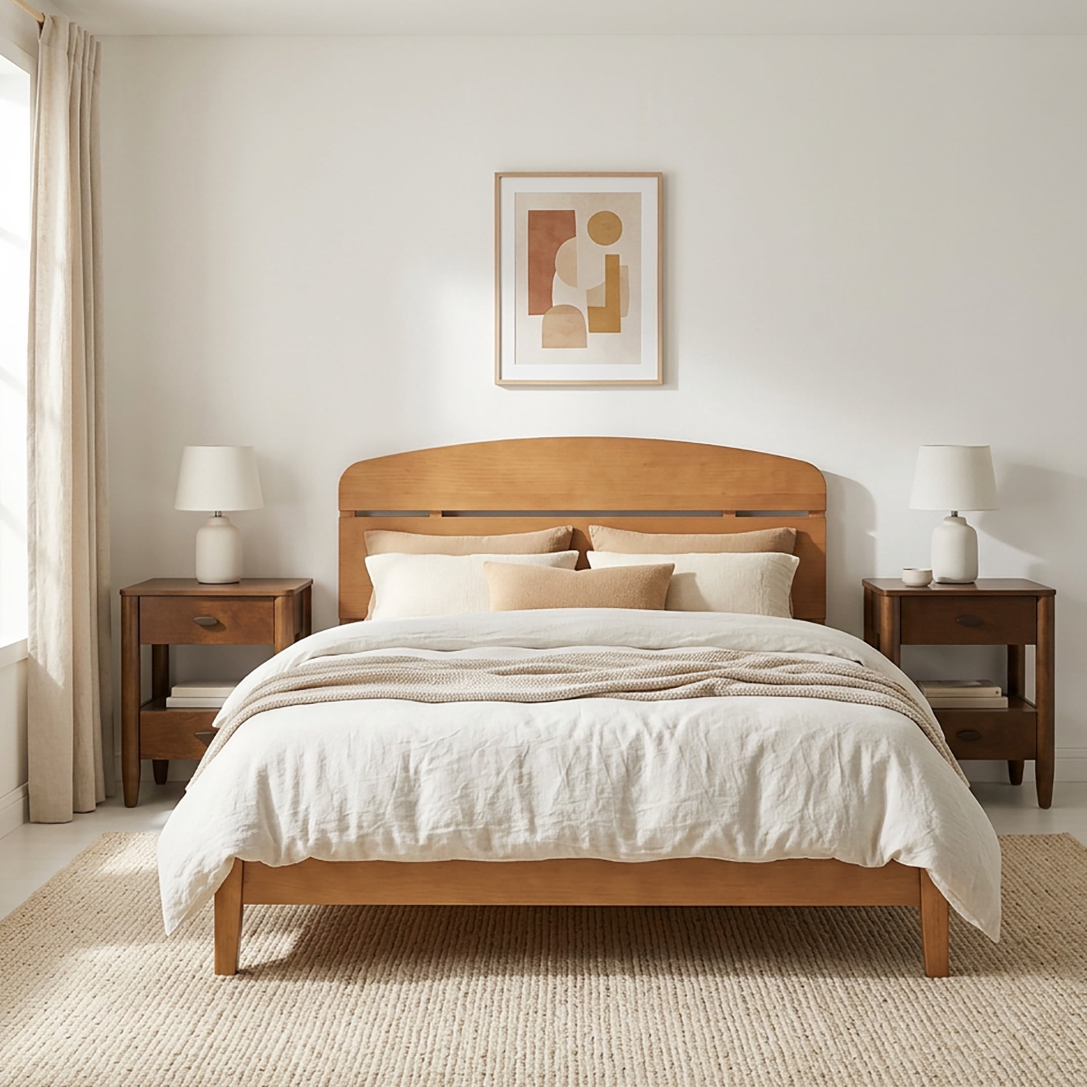 Christopher Knight Home Queen Platform Bedroom Set, Curved Headboard Bed with 2 Nightstands, Light Brown+Walnut