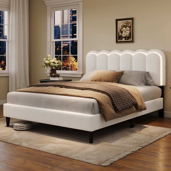 Christopher Knight Home Queen Size Bed Frame, Lambswool Petal Headboard with Ambient LED Light, White
