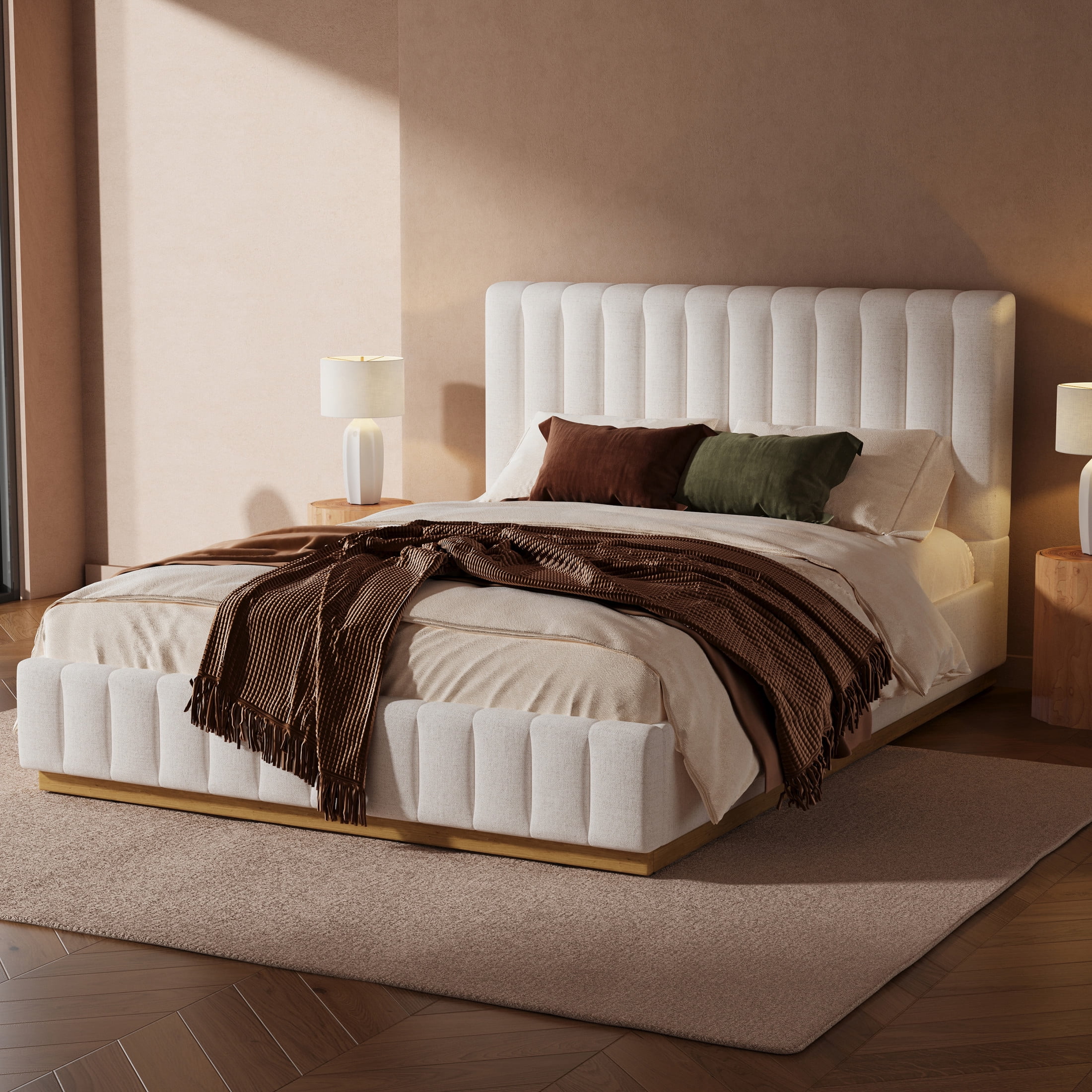 Christopher Knight Home Queen Size Bed Frame, Linen Upholstered Thick Headboard with Solid Wood Base, Beige