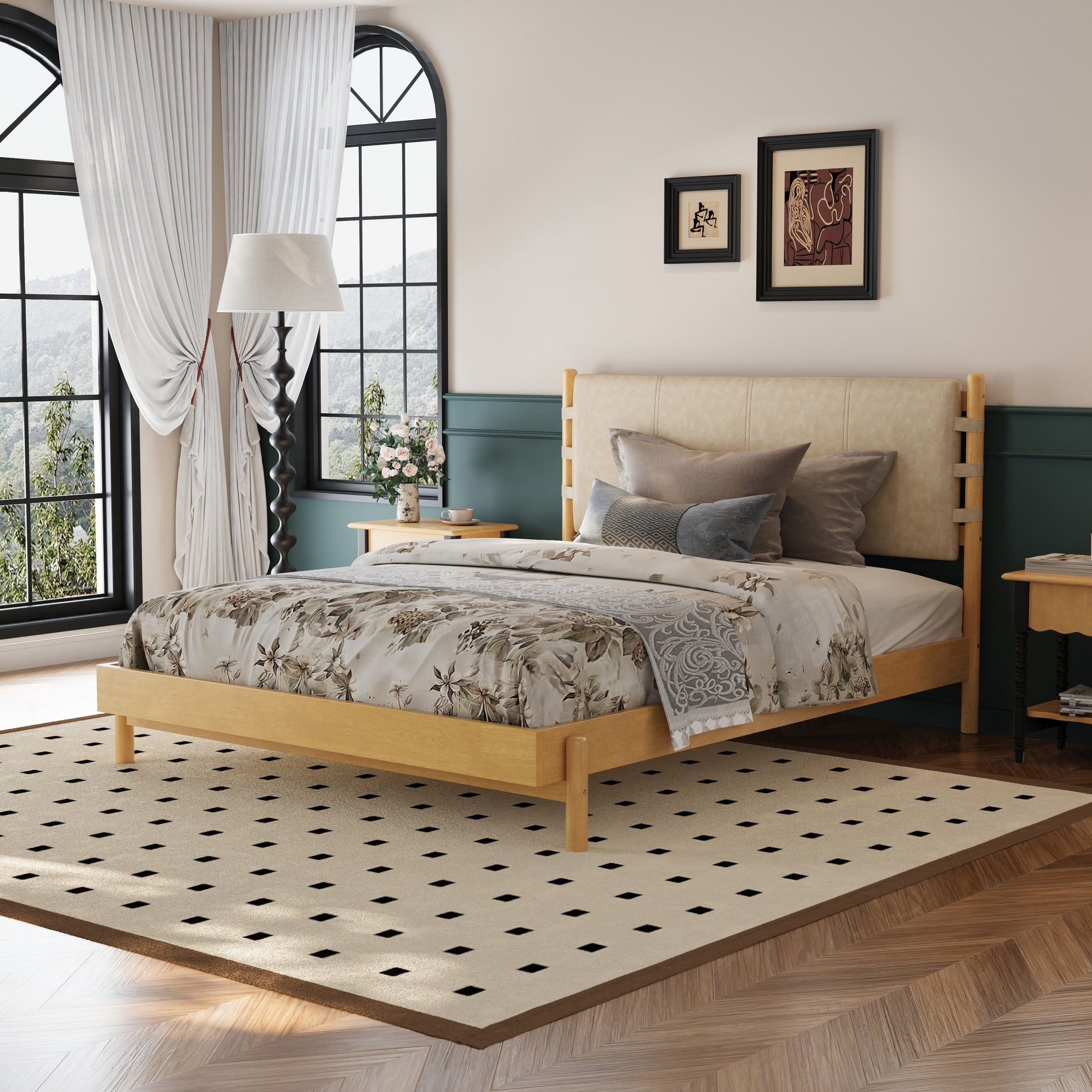 Christopher Knight Home Queen Size Bed Frame with Headboard, Platform Bed with Solid Wood Frame, Natural+Beige