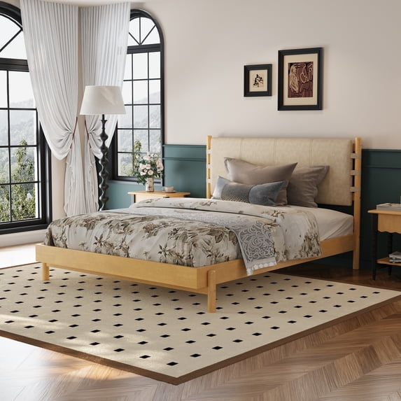 Christopher Knight Home Queen Size Bed Frame with Headboard, Platform Bed with Solid Wood Frame, Natural+Beige