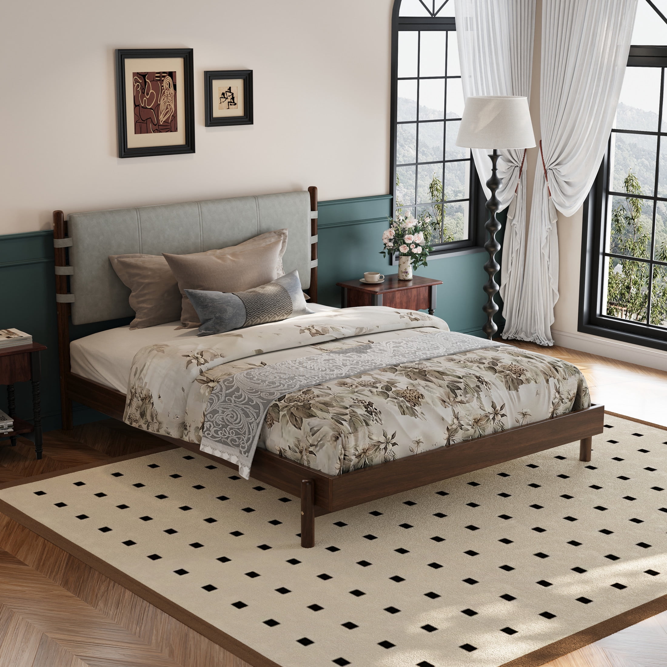 Christopher Knight Home Queen Upholstered Platform Bed with Solid Wood Frame, Walnut and Light Grey