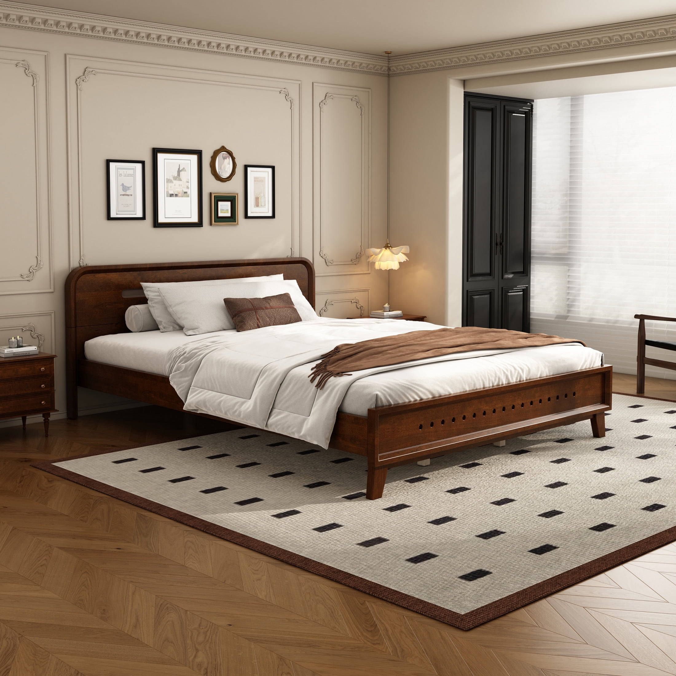 Christopher Knight Home Queen Size Bed Frame with Headboard, Solid Wood Platform Bed, Dark Walnut