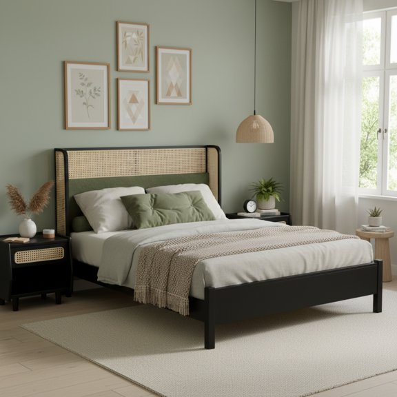Christopher Knight Home Queen Size Bed Frame with Rattan Headboard, Contemporary Style, Green+Black