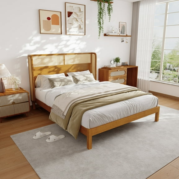 Christopher Knight Home Queen Size Bed Frame with Rattan Headboard, Platform Bed with Solid Wood Frame, Natural