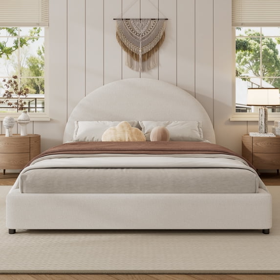 Christopher Knight Home Queen Size Bed Frame with Round Curved Headboard, Elegant Design, White Boucle Upholstery