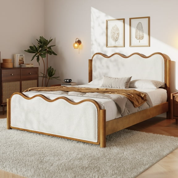 Christopher Knight Home Queen Size Boucle Upholstered Bed Frame with Wavy Curved Headboard, Solid Wood, Ivory+Walnut