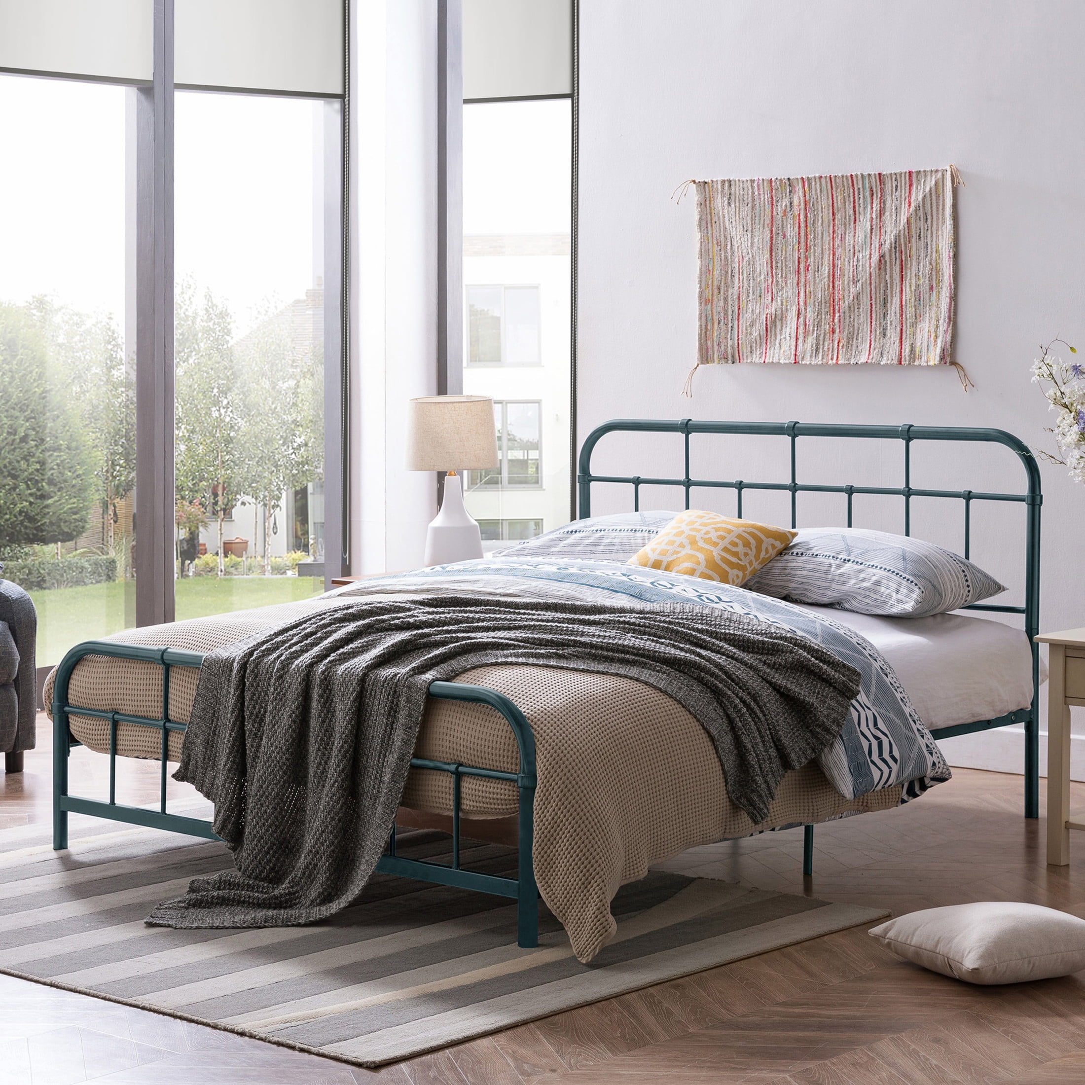 Christopher Knight Home Queen Size Metal Platform Bed Frame, Round Corner Headboard and Footboard, Antique Blue