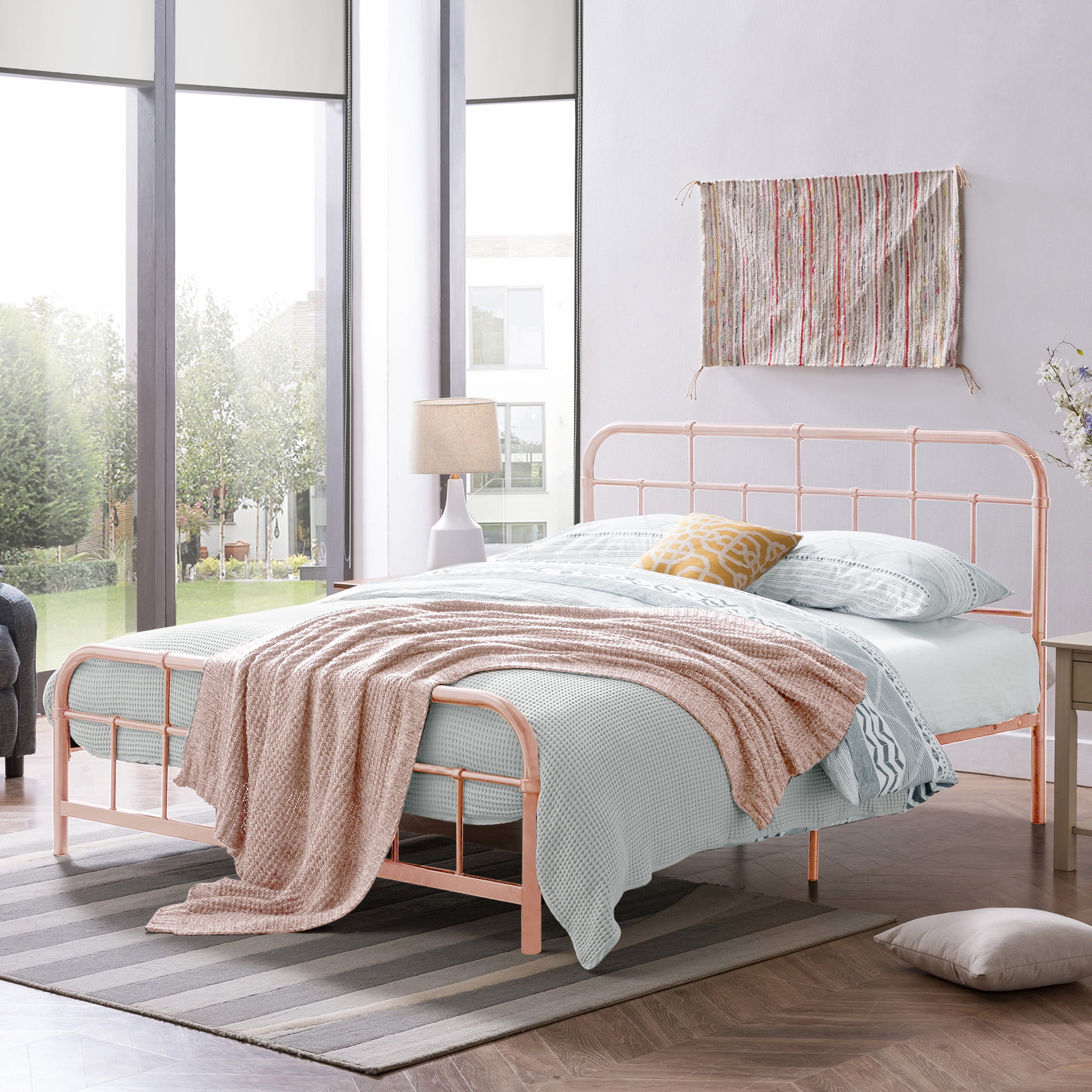 Christopher Knight Home Queen Size Metal Platform Bed Frame, Round Corner Headboard and Footboard, Pink