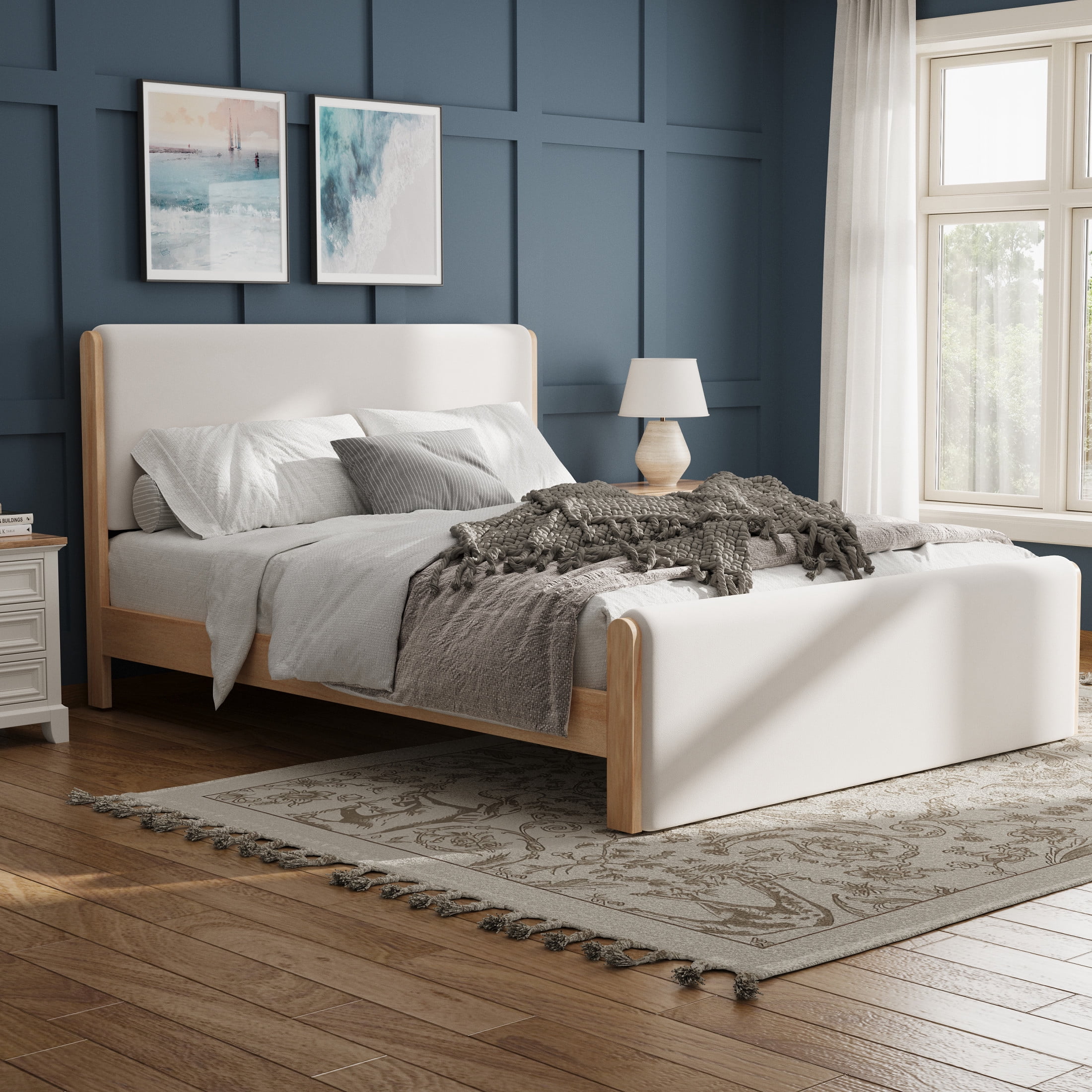 Christopher Knight Home Queen Size Natural Wood Bed frame With Beige Upholstered Headboard and Footboard