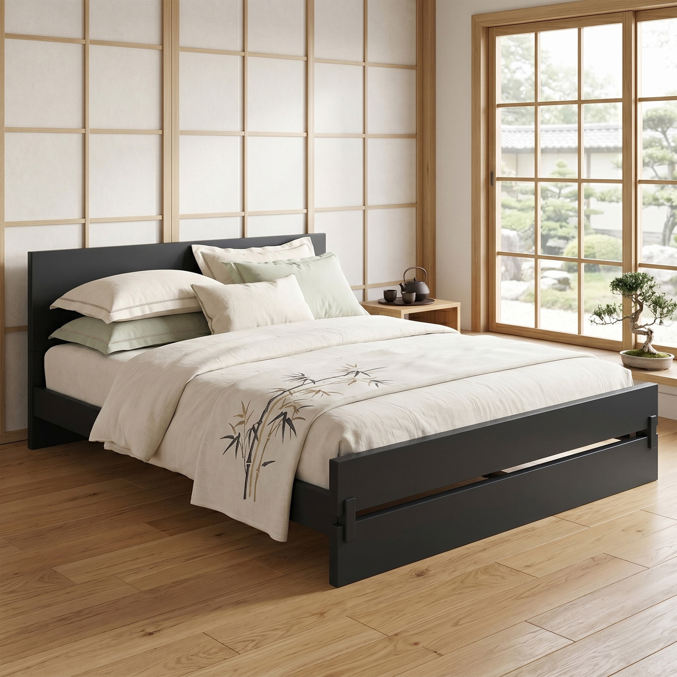 Christopher Knight Home Queen Size Solid Bamboo Platform Bed Frame, Minimalist Design, Black