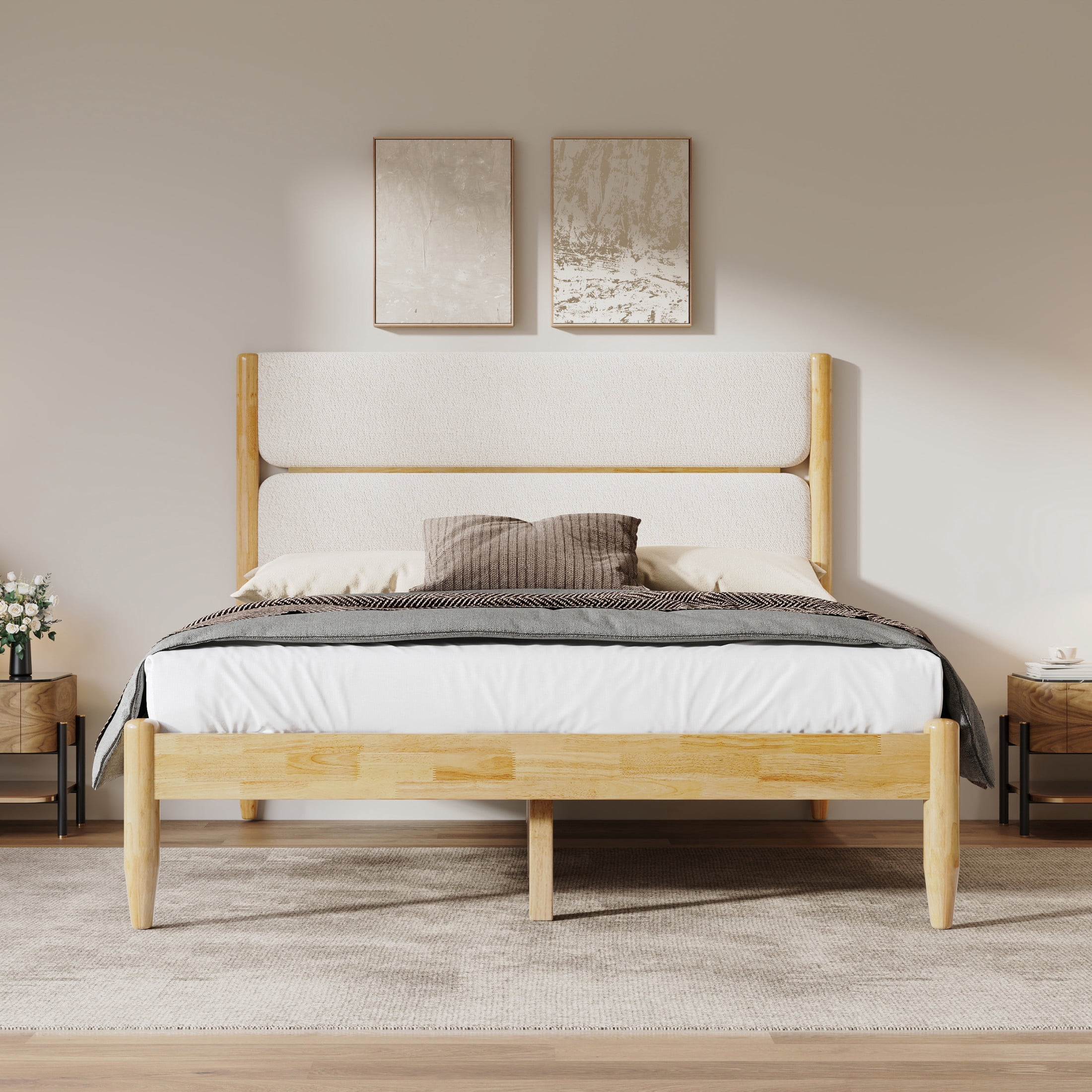 Christopher Knight Home Queen Size Solid Wood Bed Frame with Fleece Upholstered Headboard, Ivory