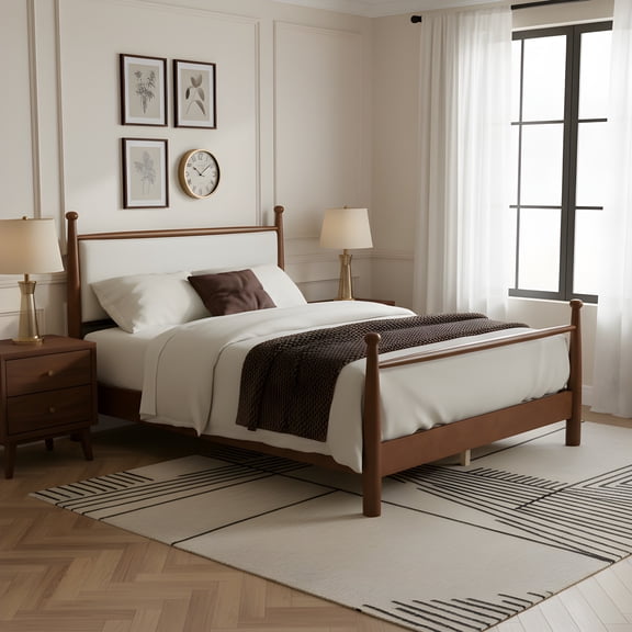 Christopher Knight Home Queen Size Traditional Bed Frame with Upholstered Headboard, Walnut Beige
