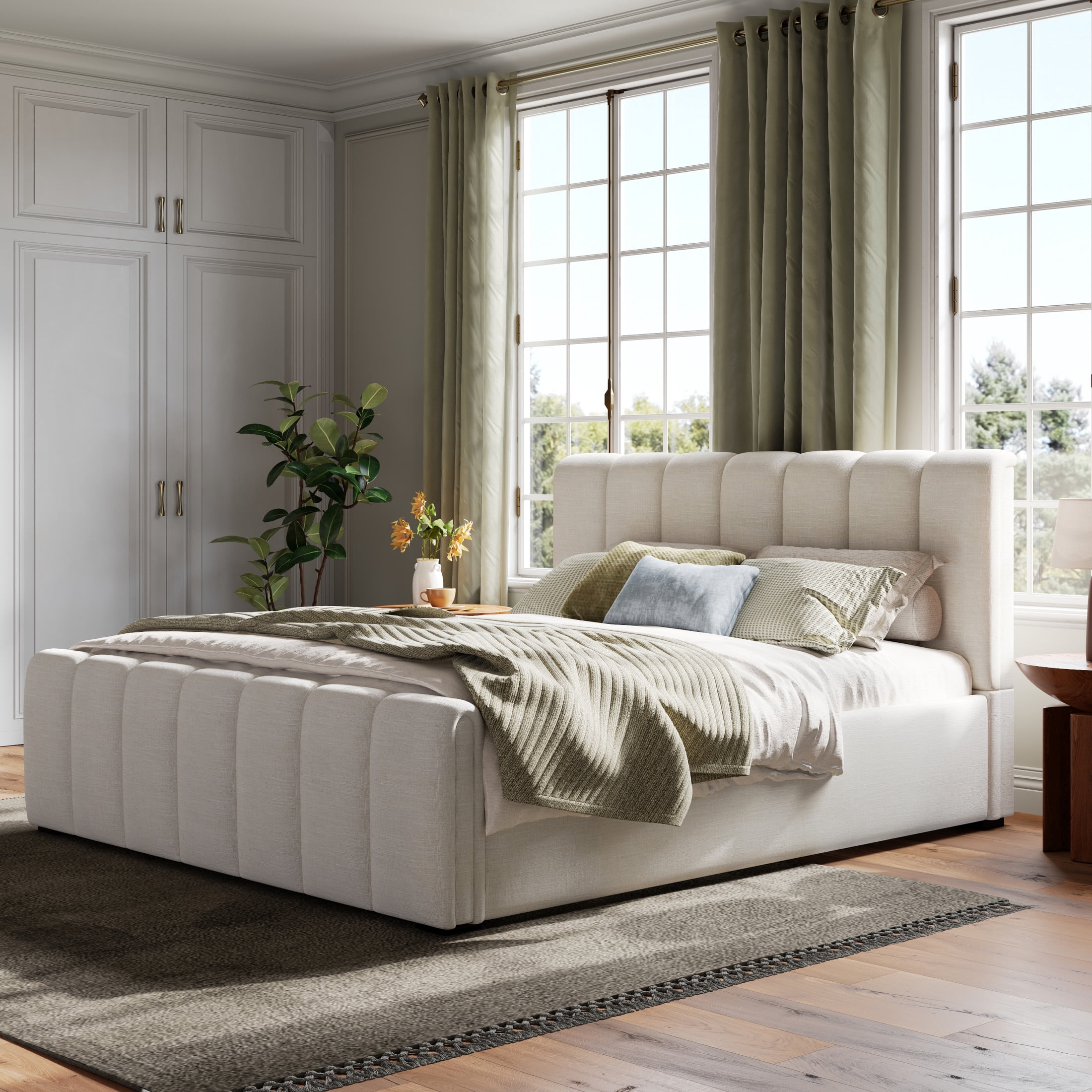 Christopher Knight Home Queen Size Upholstered Bed Frame with Linen Fabric Thick Headboard, Beige